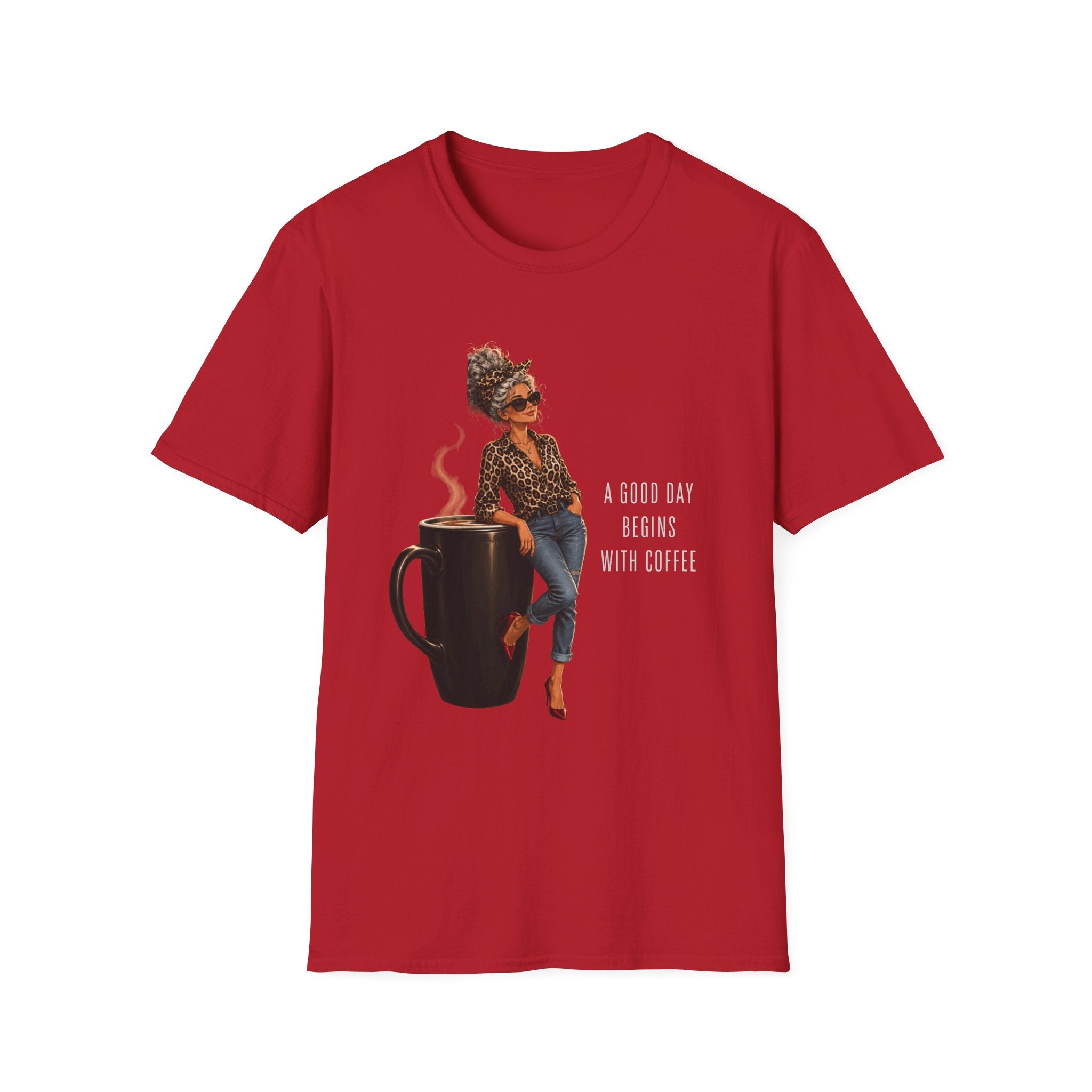 Coffee Vibes T-Shirt — “A Good Day Begins” Retro Chic Coffee Shirt -Stylish Coffee Lover Woman Design