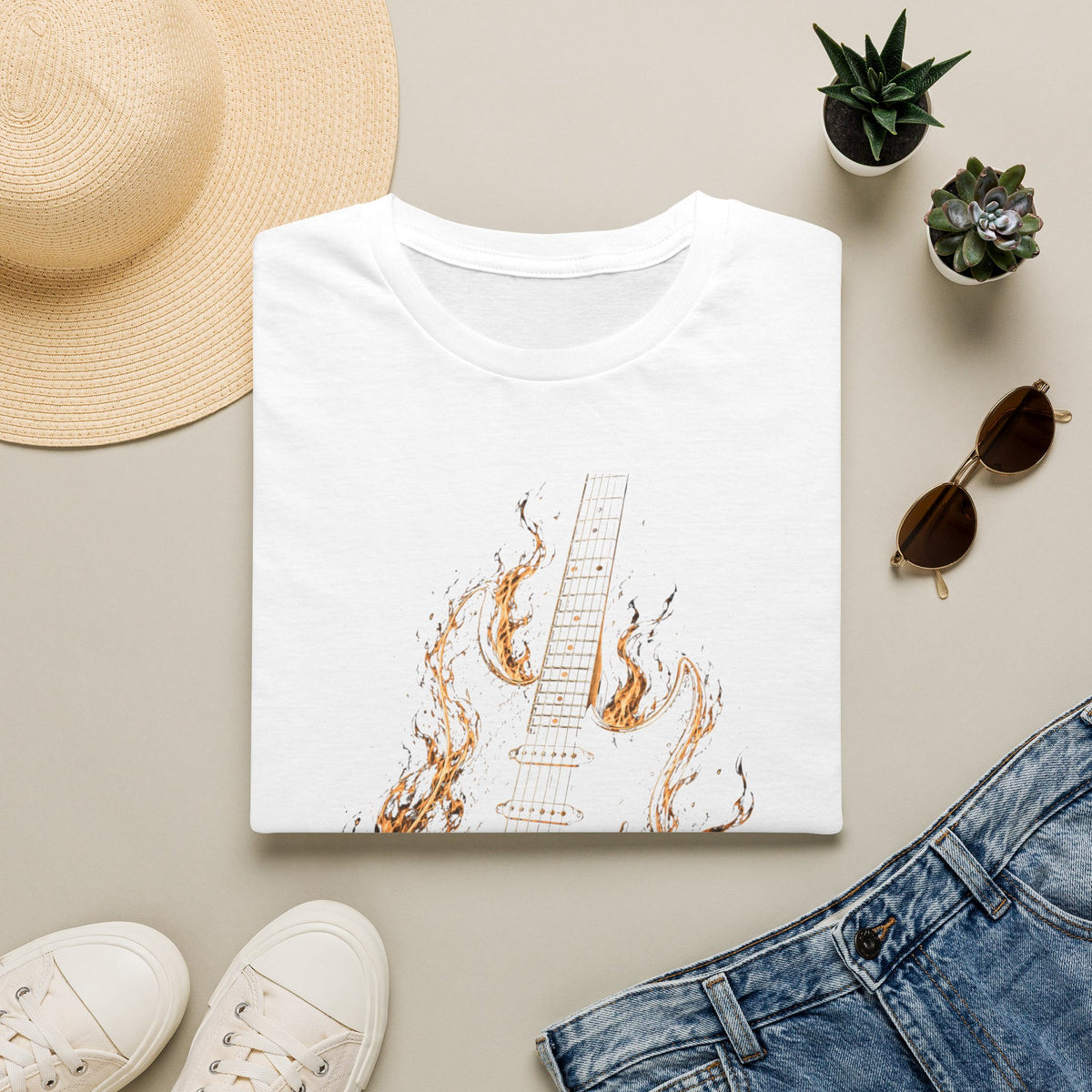 Flaming Electric Guitar T-Shirt — Rock Music Tee - Flames of Rock | Burning Electric Guitar Music Artwork
