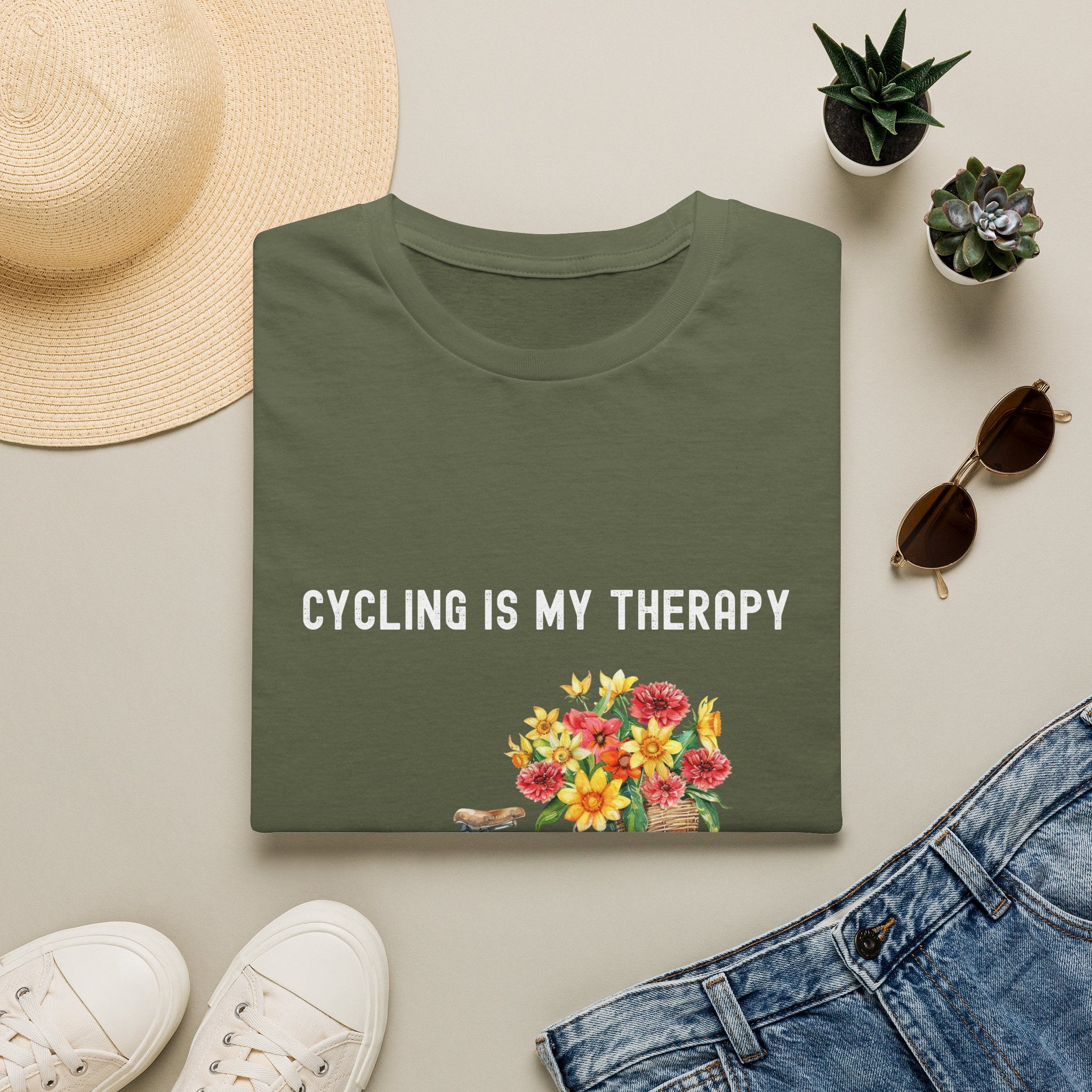 Cycling Is My Therapy T-Shirt — Floral Bike Tee for Biking Enthusiasts