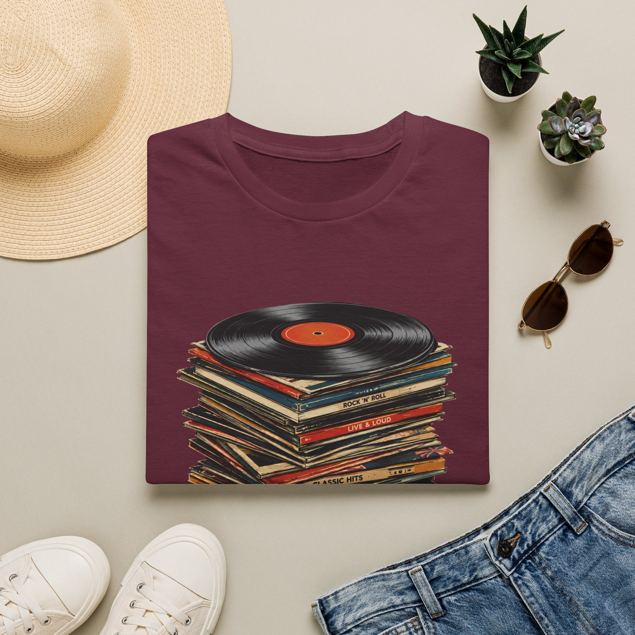 Vintage Vinyl Stack T-Shirt — Retro Record Player Graphic Tee - Retro Music Lover Turntable Aesthetic Design