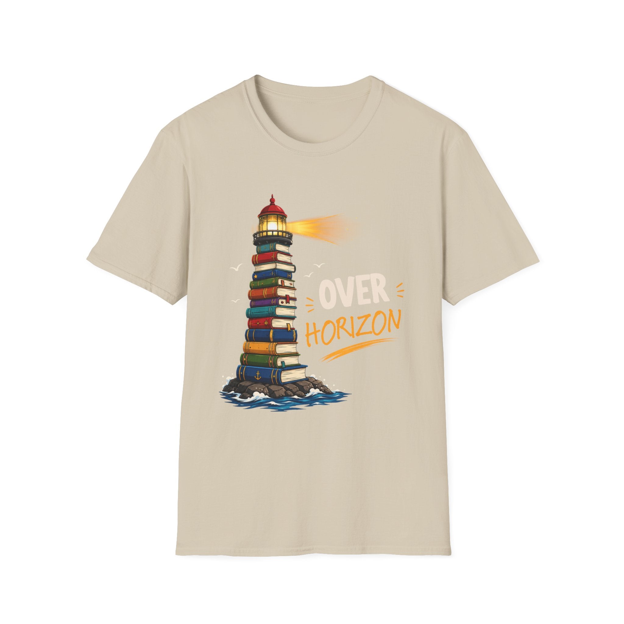 'Over the Horizon' Lighthouse Stack of Books Graphic Tee – Reading Lights the Way