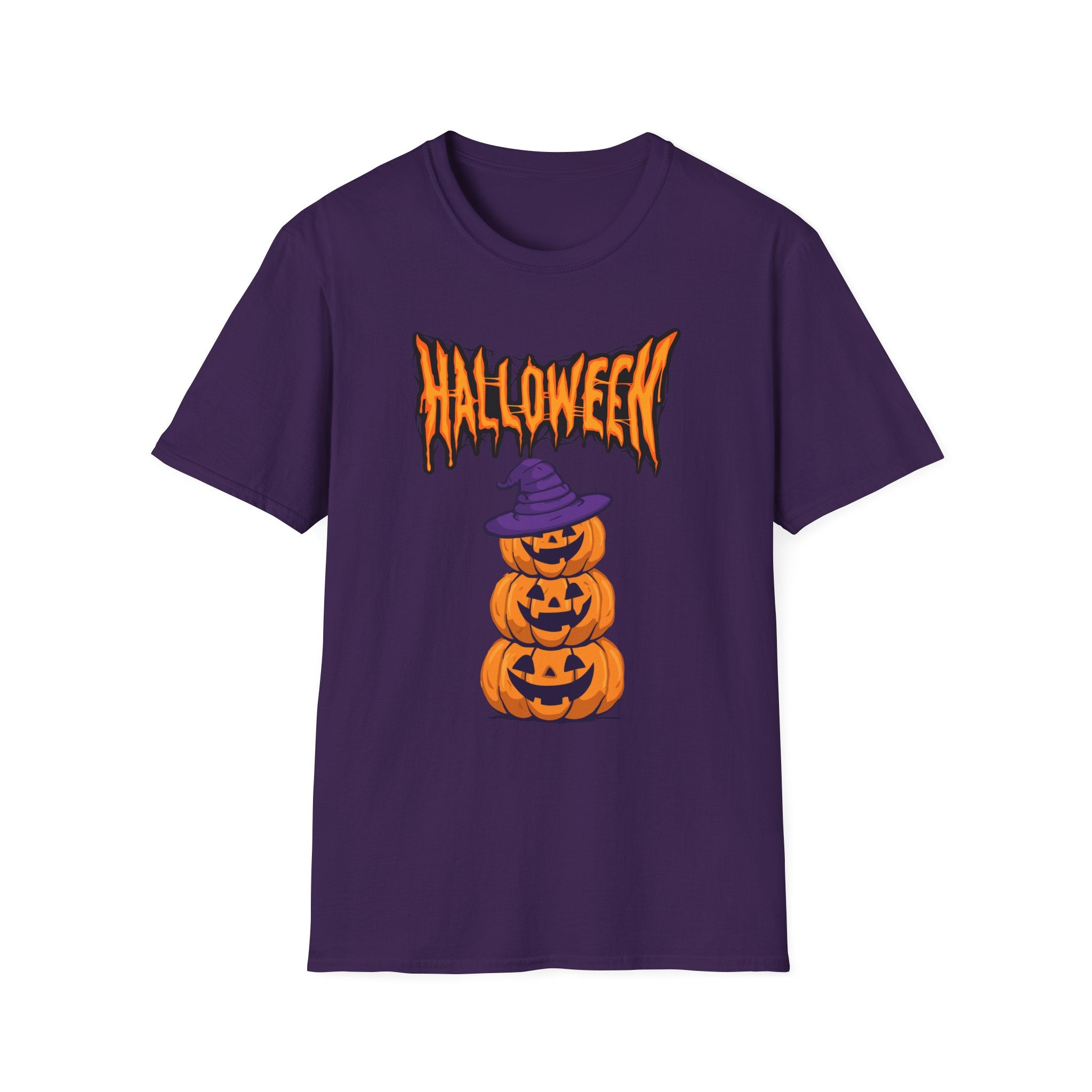Halloween Stacked Jack-O'-Lantern T-Shirt — Cute Spooky Tee with Purple Witch Hat -  Cute Pumpkin Witch Hat Halloween Tee