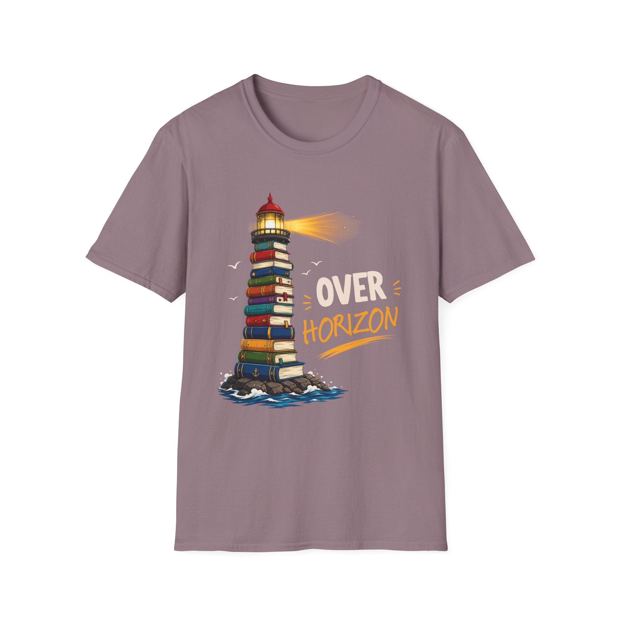 'Over the Horizon' Lighthouse Stack of Books Graphic Tee – Reading Lights the Way