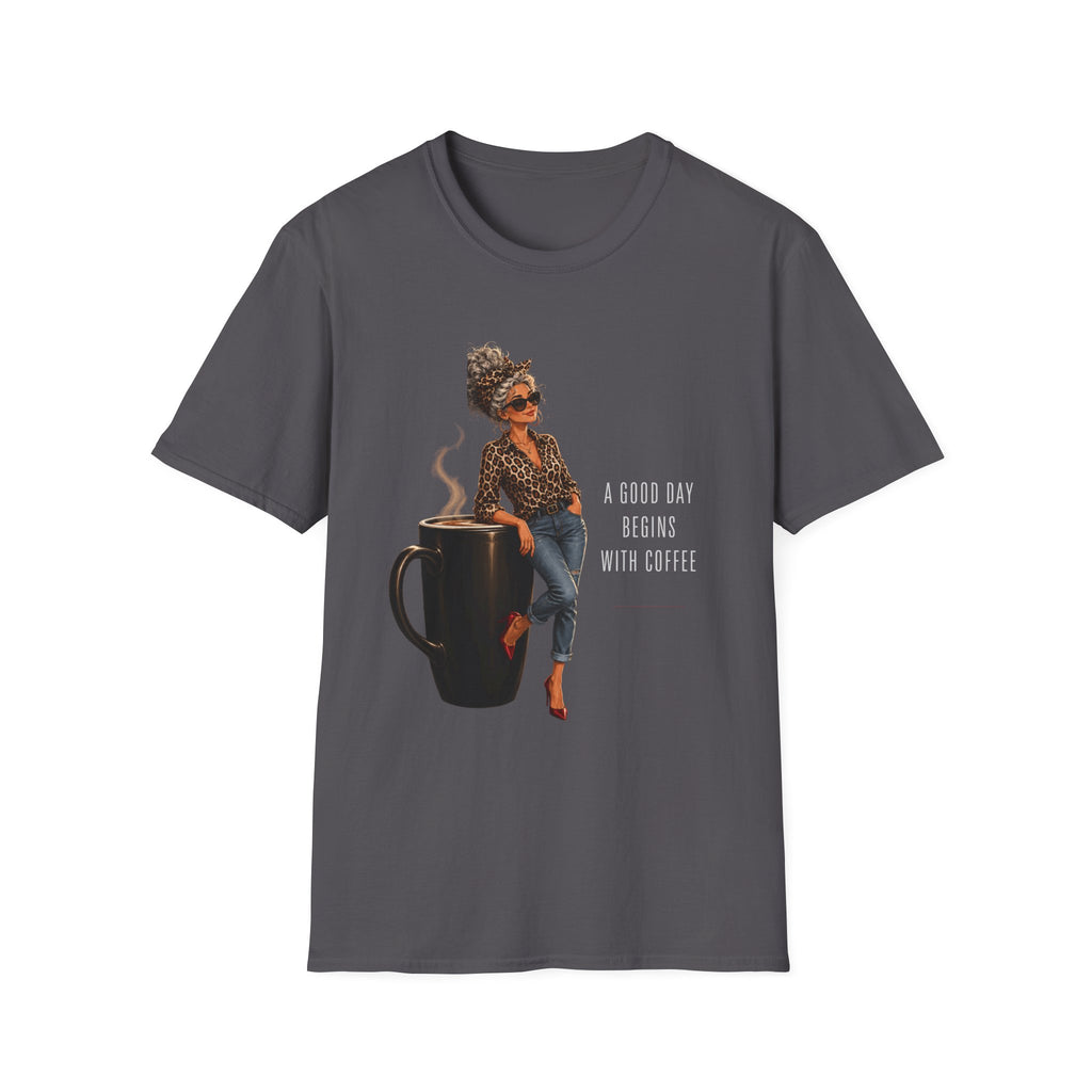 Coffee Vibes T-Shirt — “A Good Day Begins” Retro Chic Coffee Shirt -Stylish Coffee Lover Woman Design