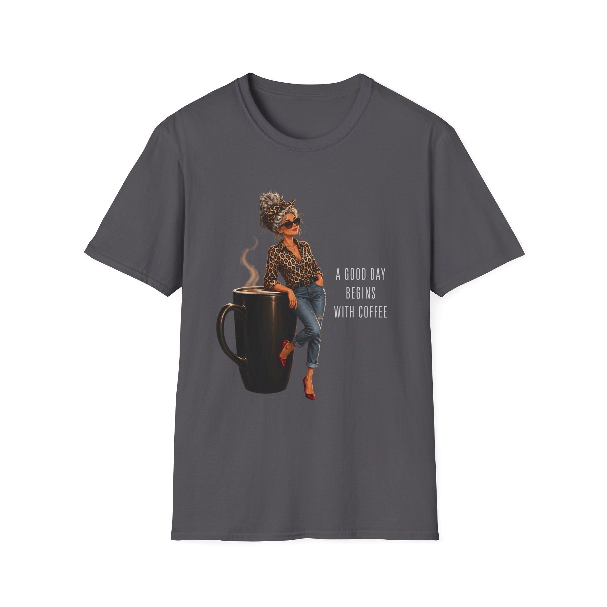 Coffee Vibes T-Shirt — “A Good Day Begins” Retro Chic Coffee Shirt -Stylish Coffee Lover Woman Design