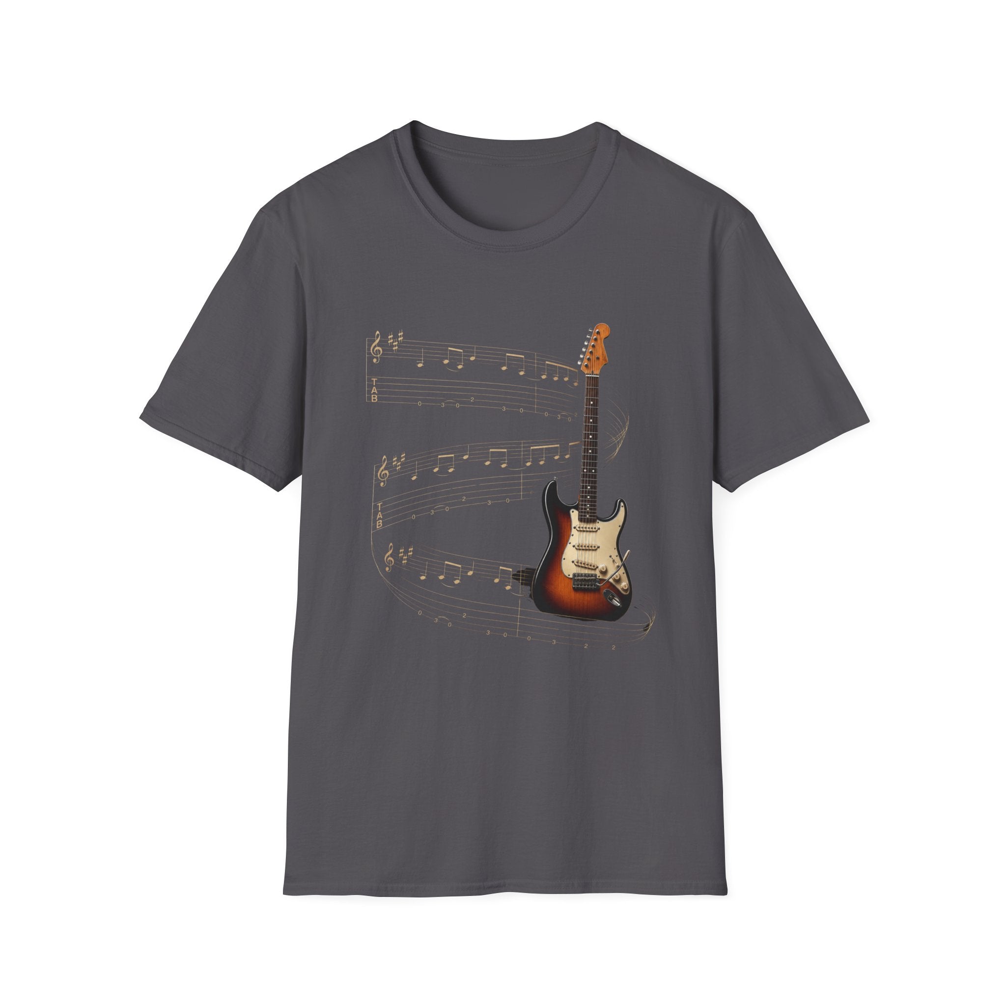 Electric Guitar T‑Shirt — Vintage Sunburst Guitar with Musical Notes - Where Music Takes Flight | Electric Guitar & Tablature Art Design