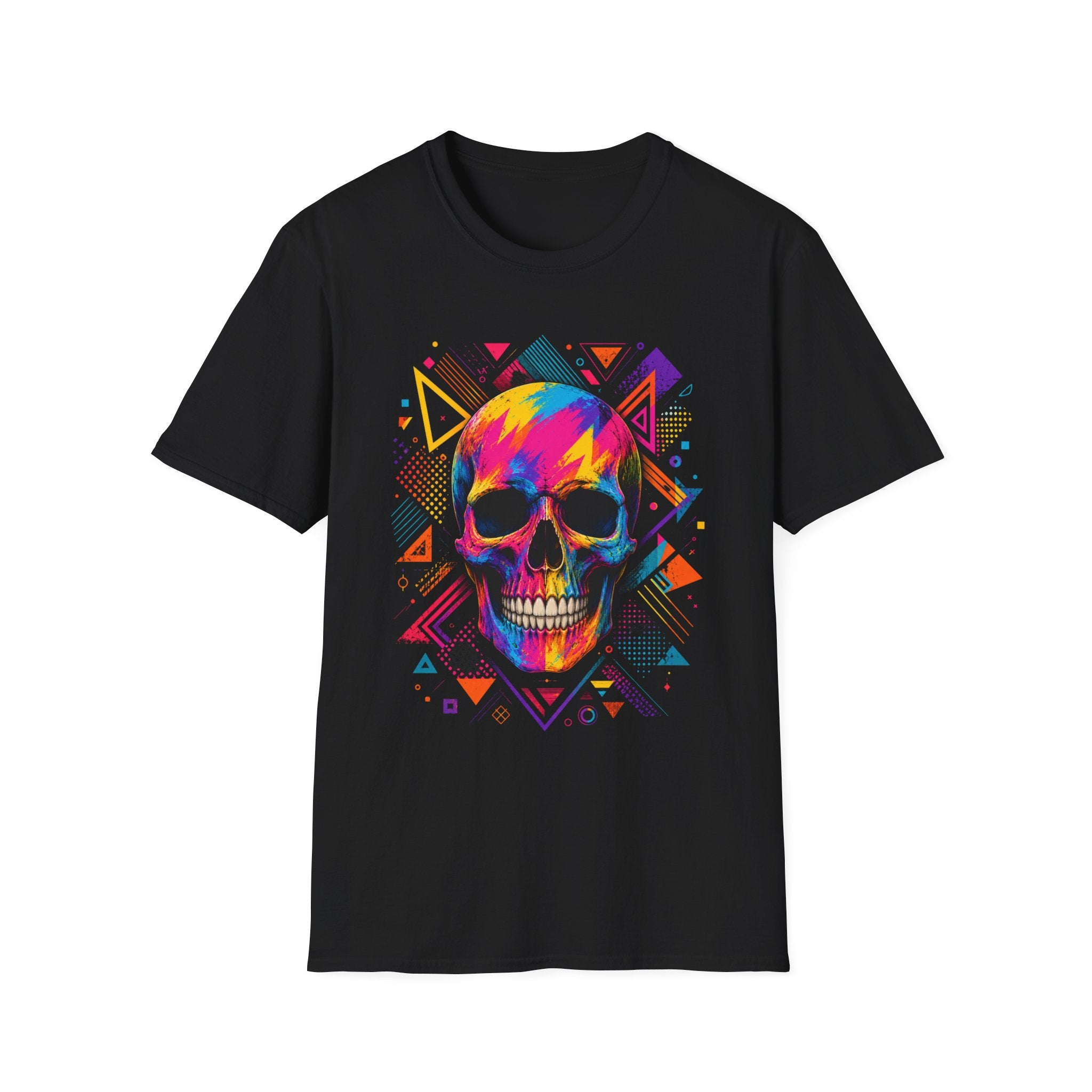Colorful Geometric Skull T-Shirt -Neon Pop Art Skull – Colorful Retro Geometric Design