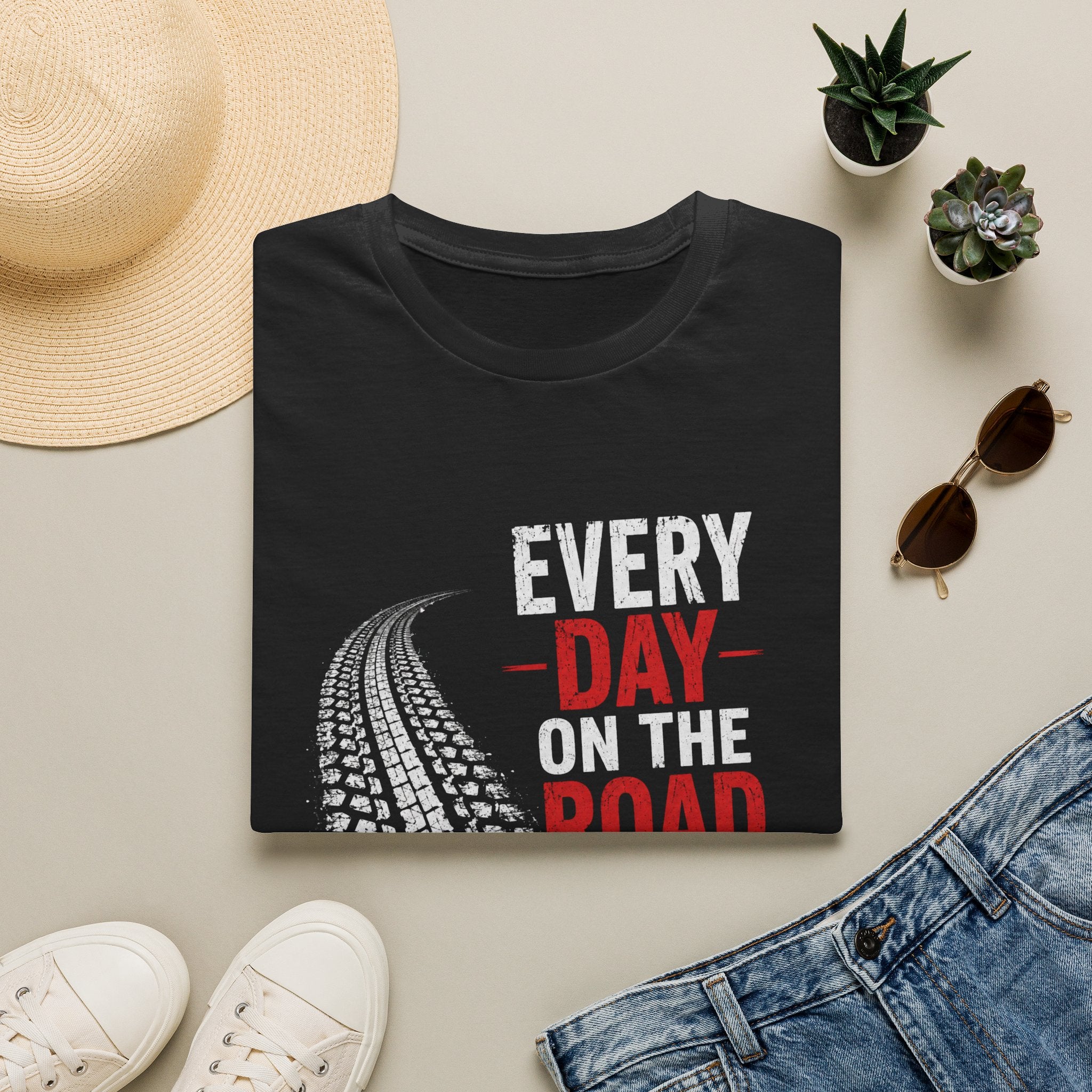 Every Day on the Road T-Shirt — Motorcycle/Driving Adventure Tee - – Truck Tire Track Road Life Design
