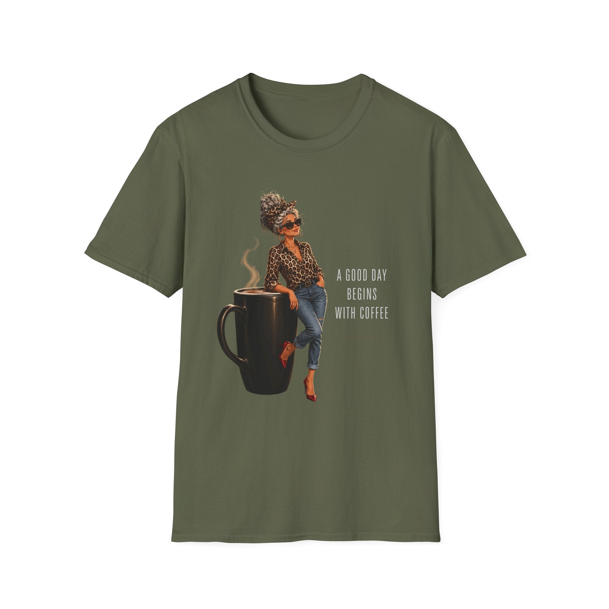 Coffee Vibes T-Shirt — “A Good Day Begins” Retro Chic Coffee Shirt -Stylish Coffee Lover Woman Design