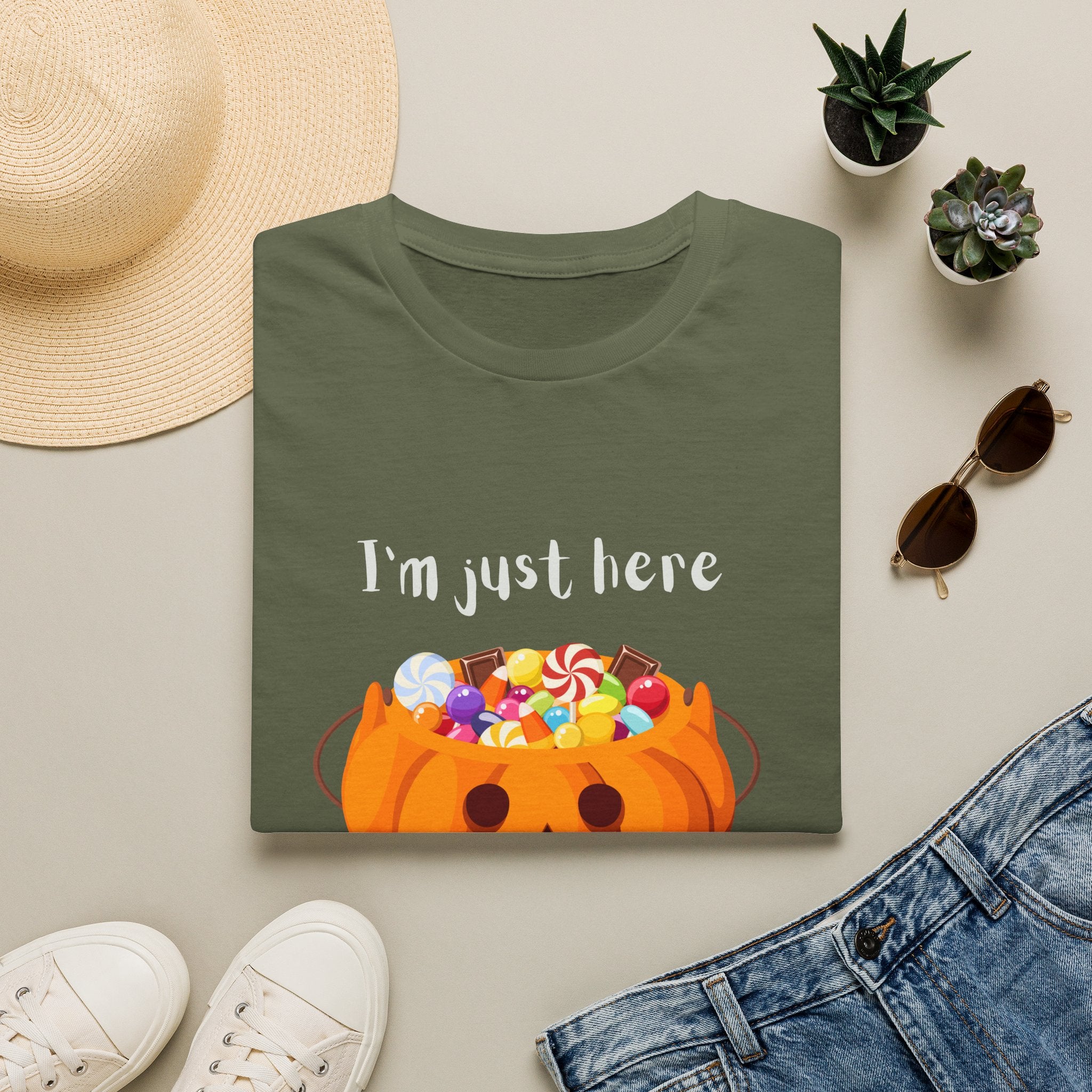 Halloween T-Shirt — "I'm Just Here for the Candy" Pumpkin Candy Bucket Tee