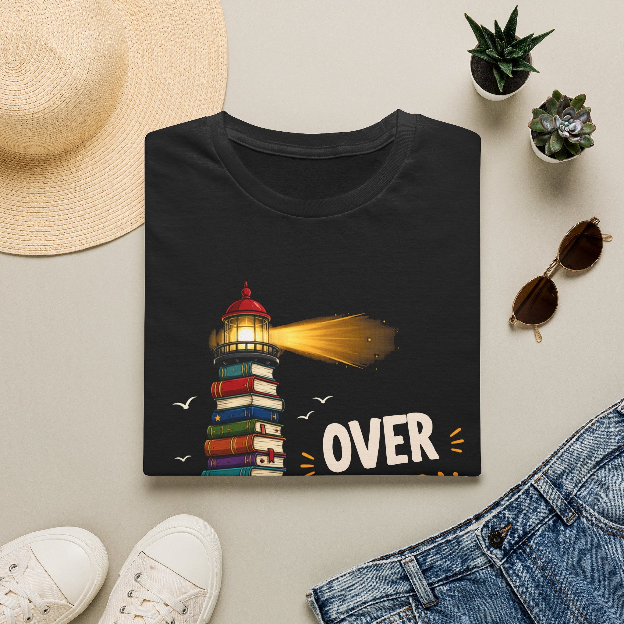 'Over the Horizon' Lighthouse Stack of Books Graphic Tee – Reading Lights the Way