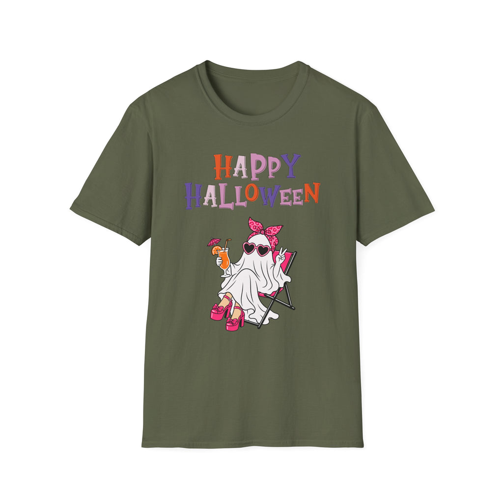 Happy Halloween Ghost Tee — Cute Feminine Halloween T-Shirt with Sunglasses & Pink Bow - Funny Spooky Halloween Shirt for Women