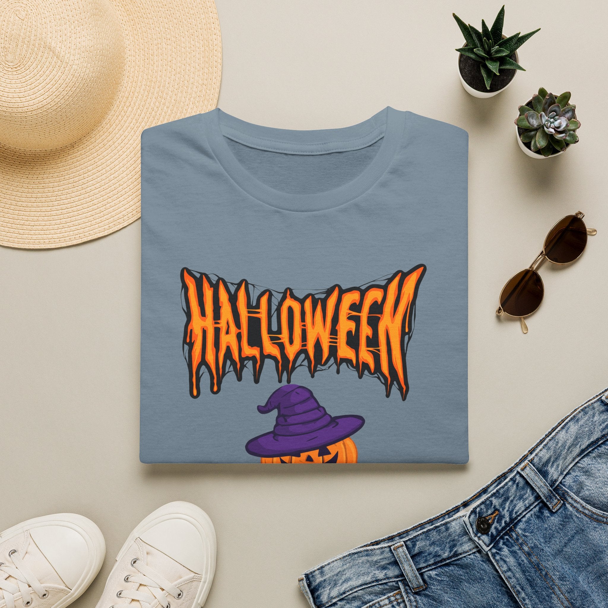 Halloween Stacked Jack-O'-Lantern T-Shirt — Cute Spooky Tee with Purple Witch Hat -  Cute Pumpkin Witch Hat Halloween Tee