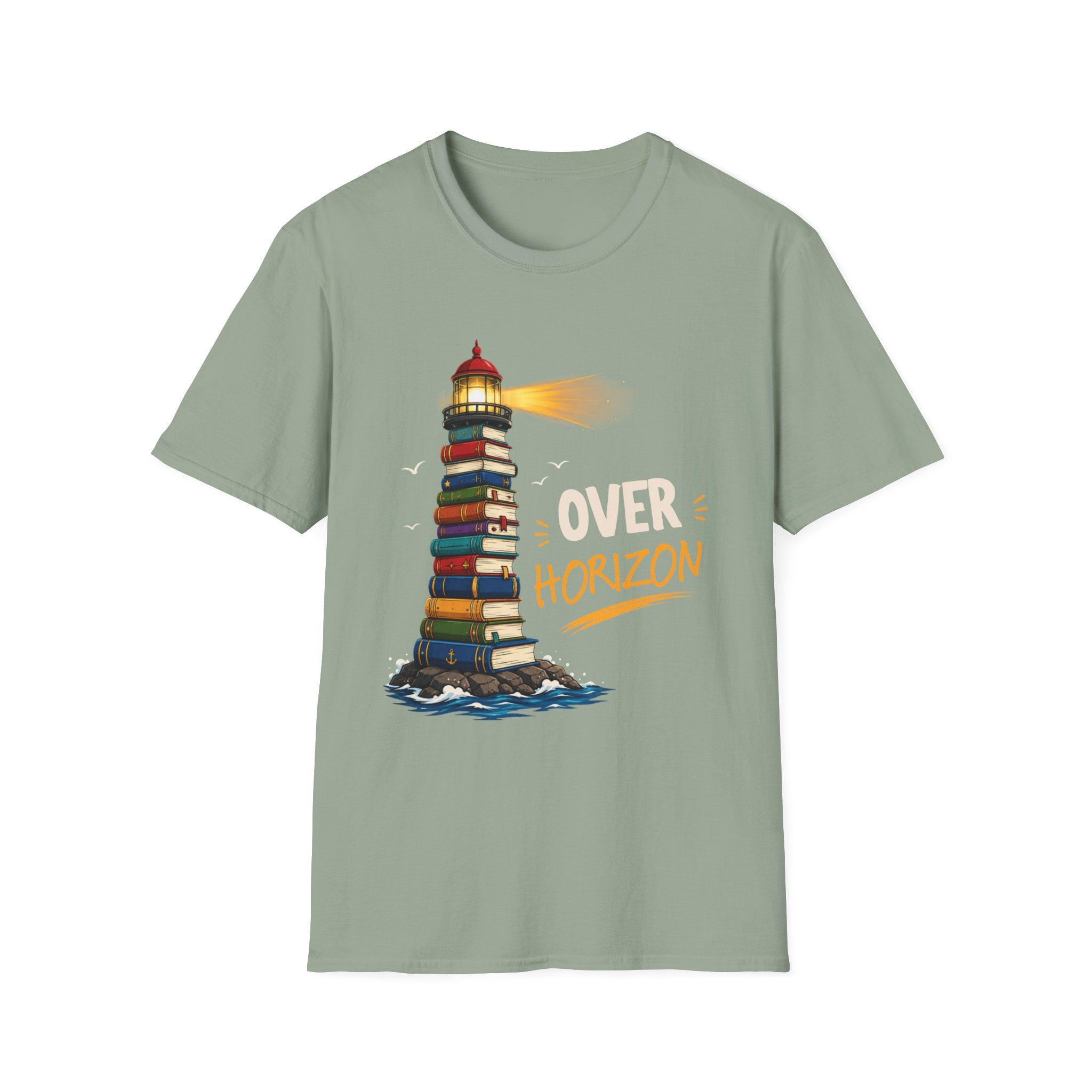 'Over the Horizon' Lighthouse Stack of Books Graphic Tee – Reading Lights the Way