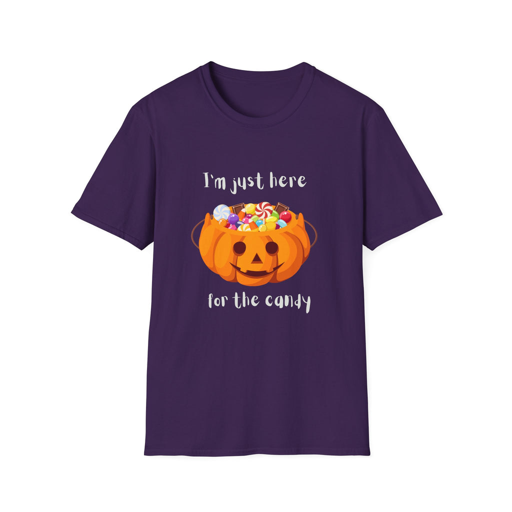 Halloween T-Shirt — "I'm Just Here for the Candy" Pumpkin Candy Bucket Tee