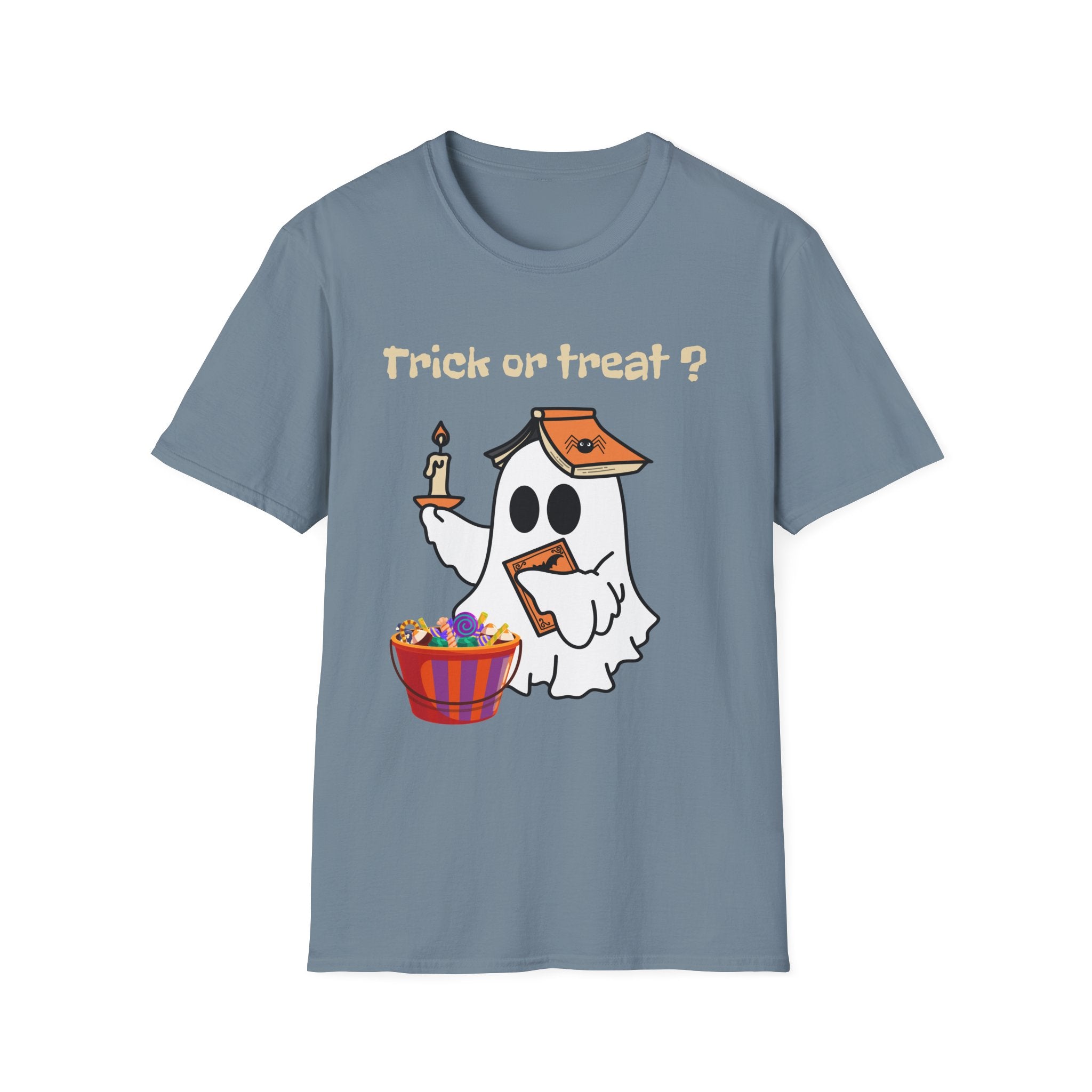 Halloween Ghost T-Shirt — "Trick or Treat?" Cute Spooky Candy Tee - Ghost Reading a Spooky Book Halloween Design