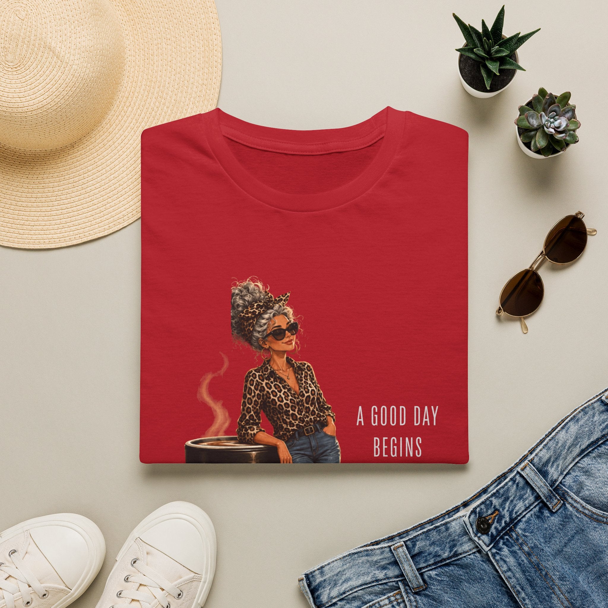 Coffee Vibes T-Shirt — “A Good Day Begins” Retro Chic Coffee Shirt -Stylish Coffee Lover Woman Design