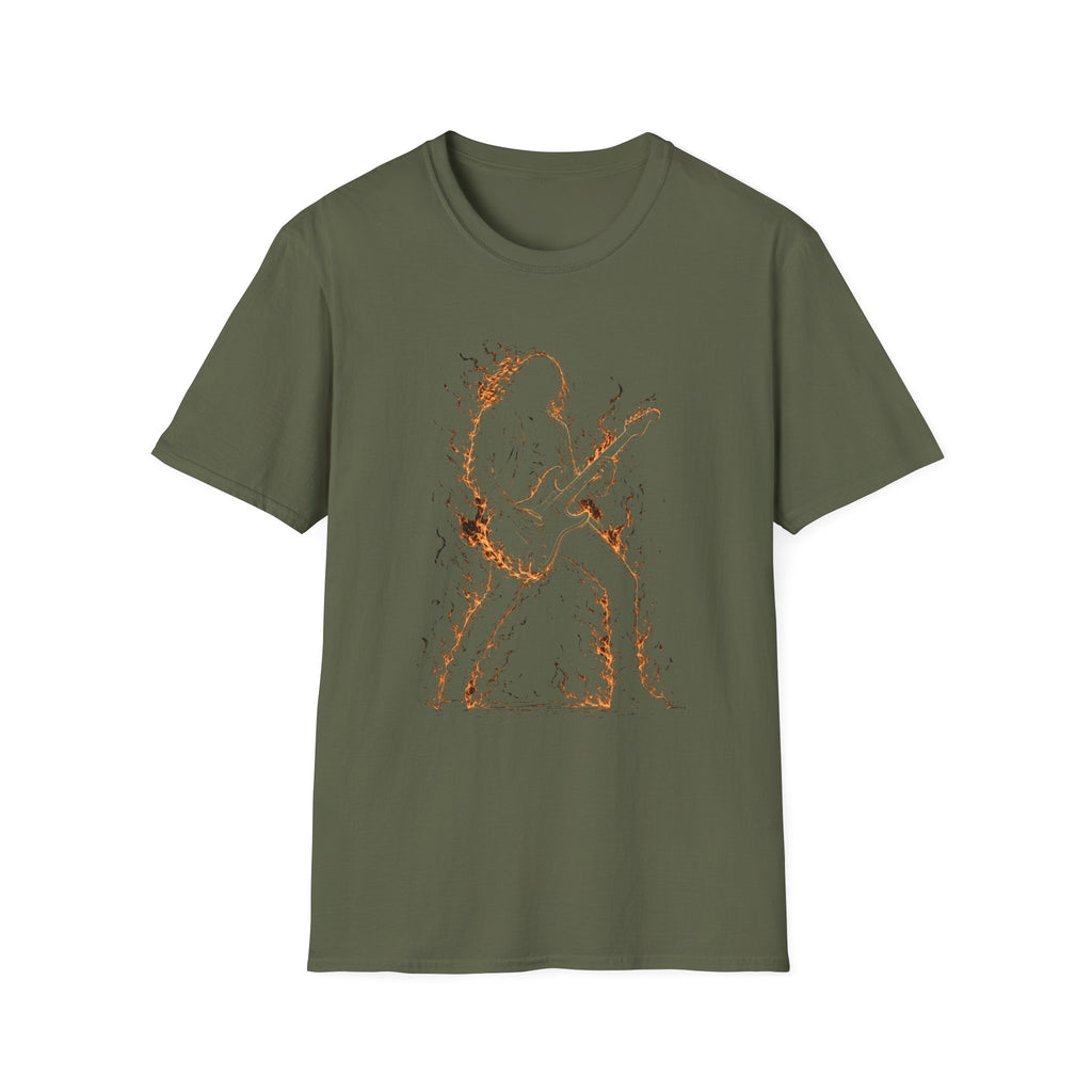 Abstract Guitarist T‑Shirt — Minimalist Flaming Guitar Music Tee - Born in the Fire of Rock | Flaming Guitarist Silhouette Art