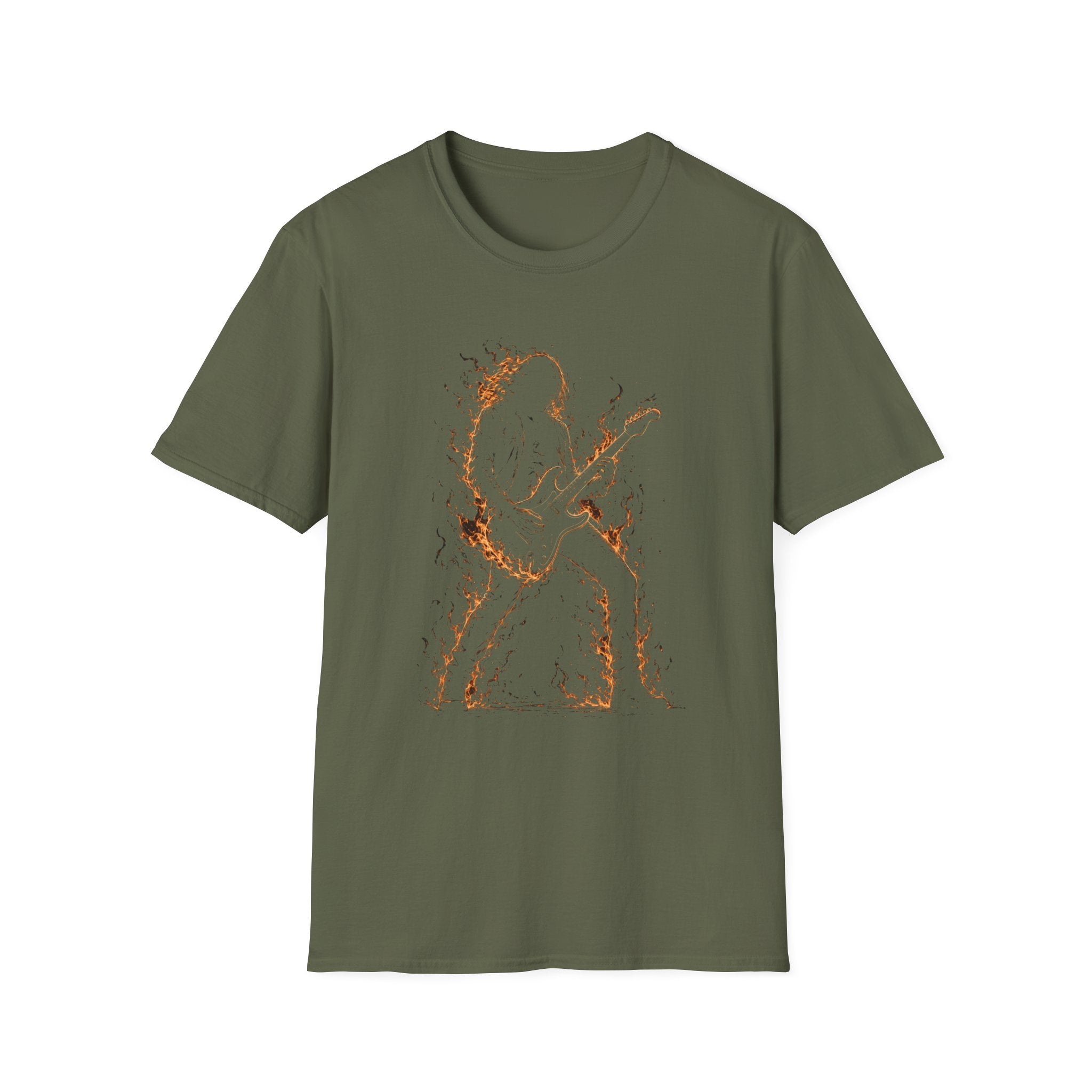 Abstract Guitarist T‑Shirt — Minimalist Flaming Guitar Music Tee - Born in the Fire of Rock | Flaming Guitarist Silhouette Art