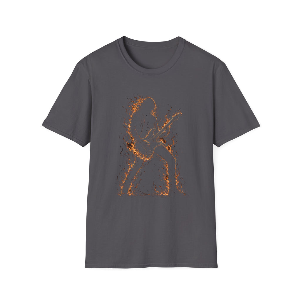 Abstract Guitarist T‑Shirt — Minimalist Flaming Guitar Music Tee - Born in the Fire of Rock | Flaming Guitarist Silhouette Art