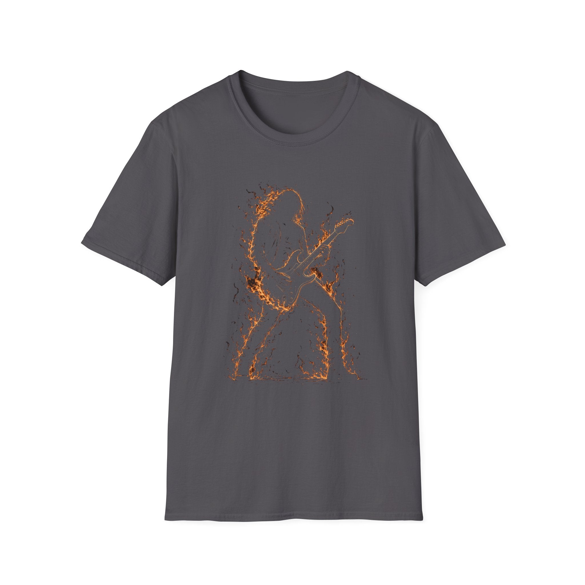 Abstract Guitarist T‑Shirt — Minimalist Flaming Guitar Music Tee - Born in the Fire of Rock | Flaming Guitarist Silhouette Art