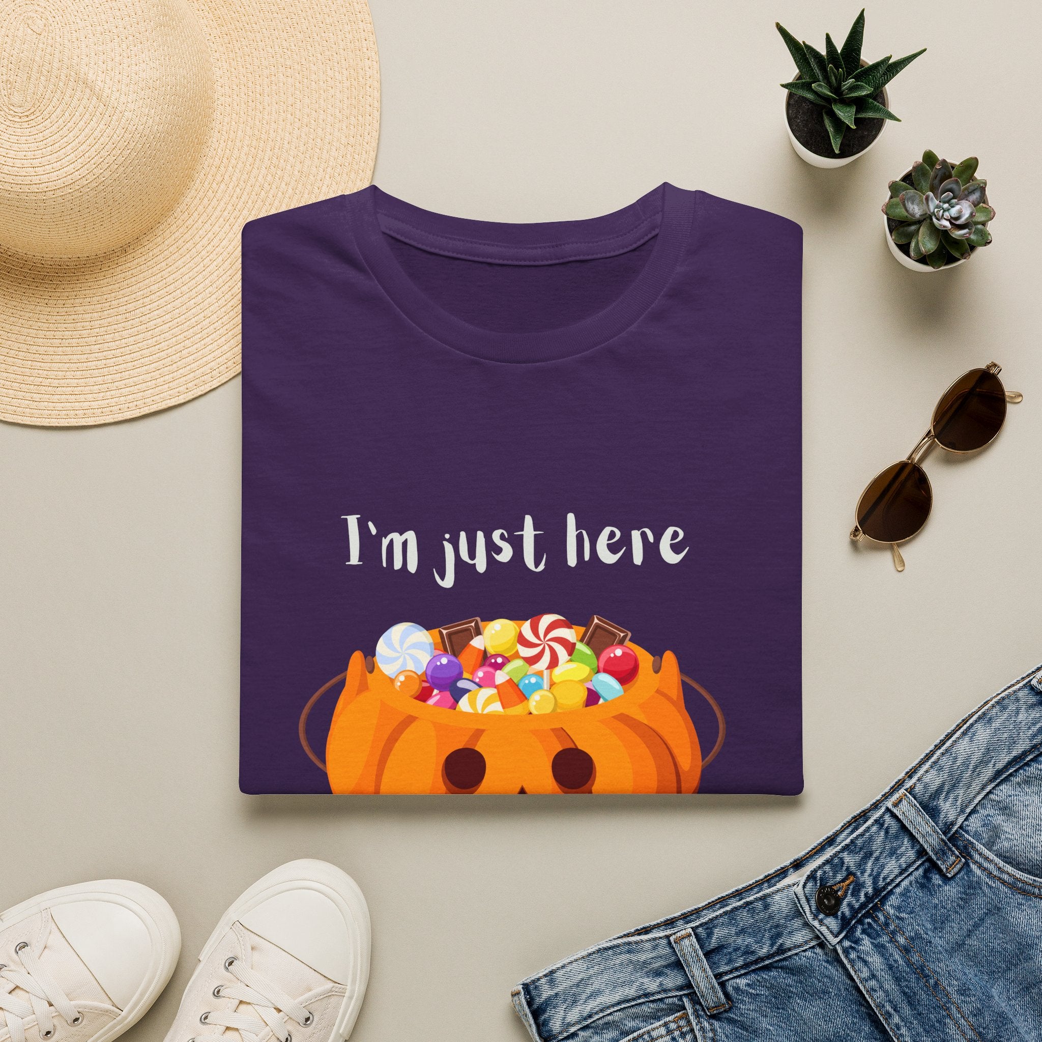 Halloween T-Shirt — "I'm Just Here for the Candy" Pumpkin Candy Bucket Tee