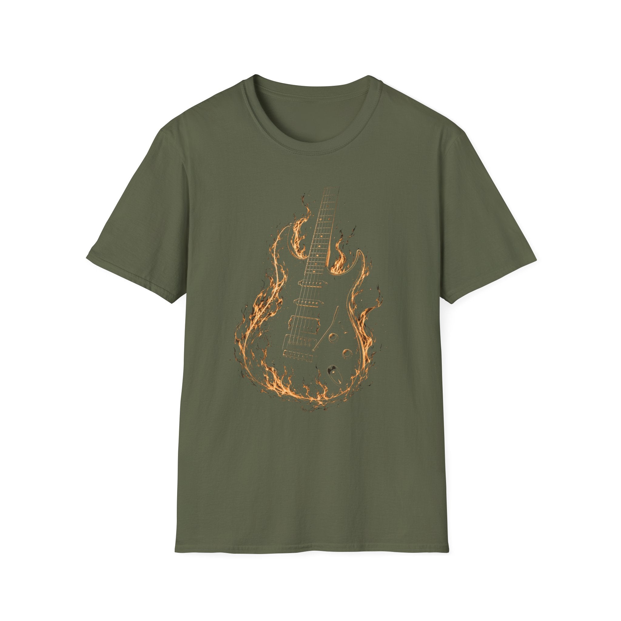 Flaming Electric Guitar T-Shirt — Rock Music Tee - Flames of Rock | Burning Electric Guitar Music Artwork