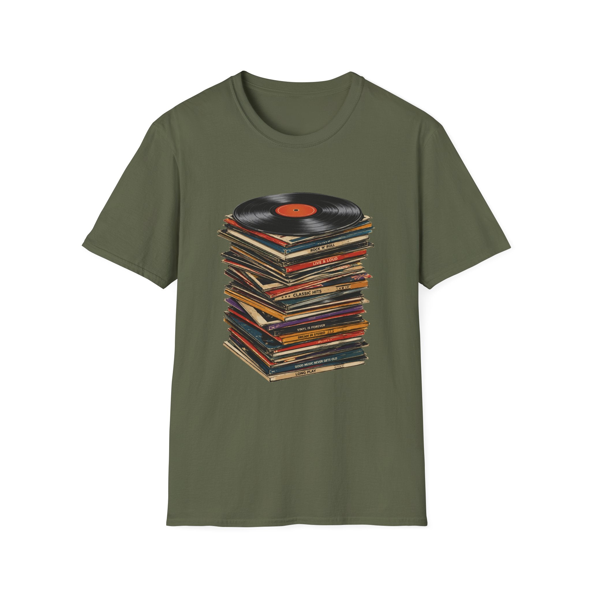 Vintage Vinyl Stack T-Shirt — Retro Record Player Graphic Tee - Retro Music Lover Turntable Aesthetic Design