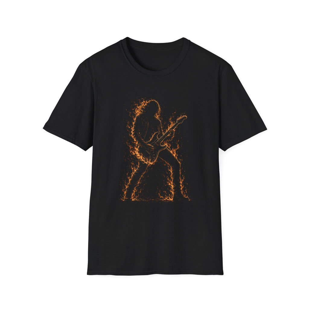 Abstract Guitarist T‑Shirt — Minimalist Flaming Guitar Music Tee - Born in the Fire of Rock | Flaming Guitarist Silhouette Art
