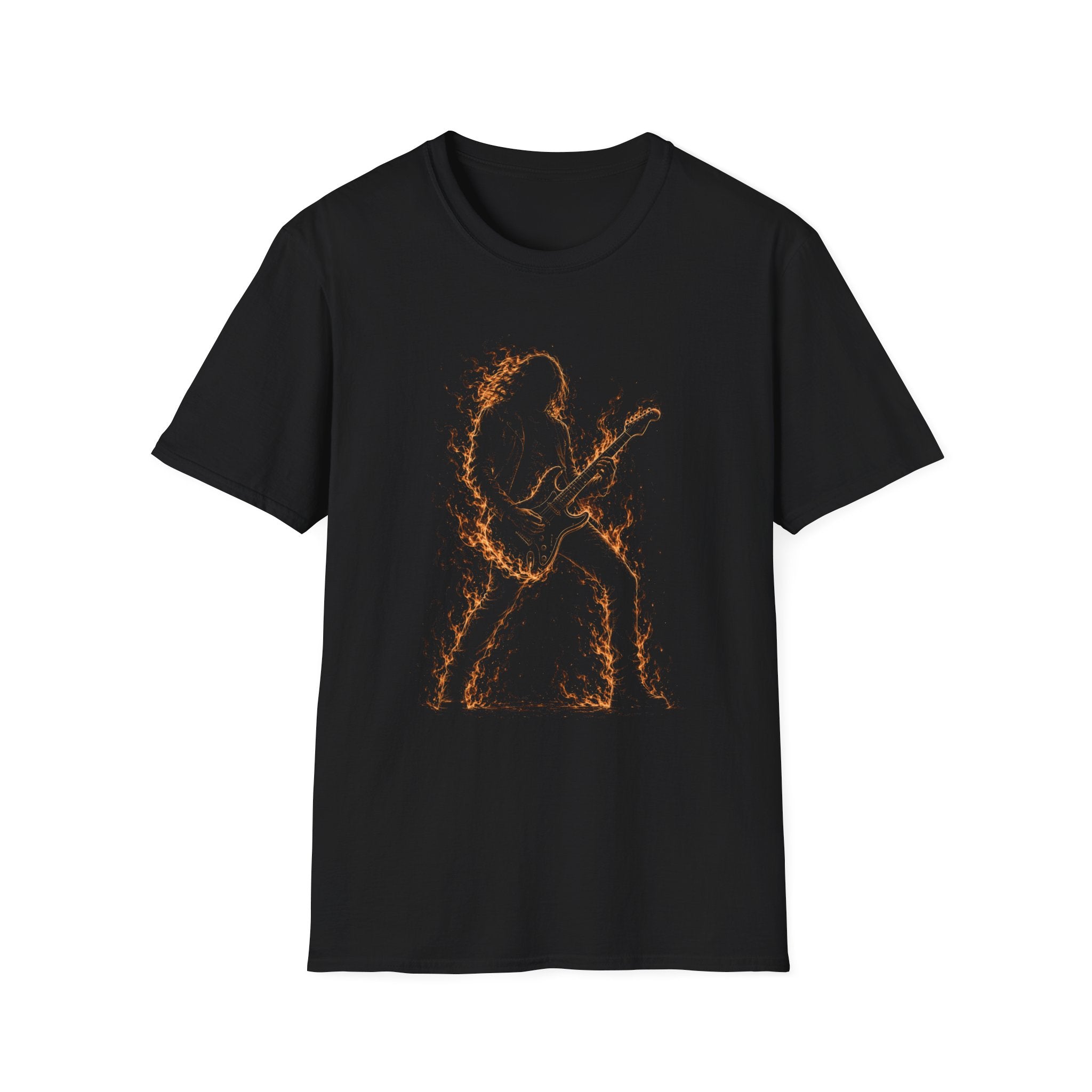 Abstract Guitarist T‑Shirt — Minimalist Flaming Guitar Music Tee - Born in the Fire of Rock | Flaming Guitarist Silhouette Art