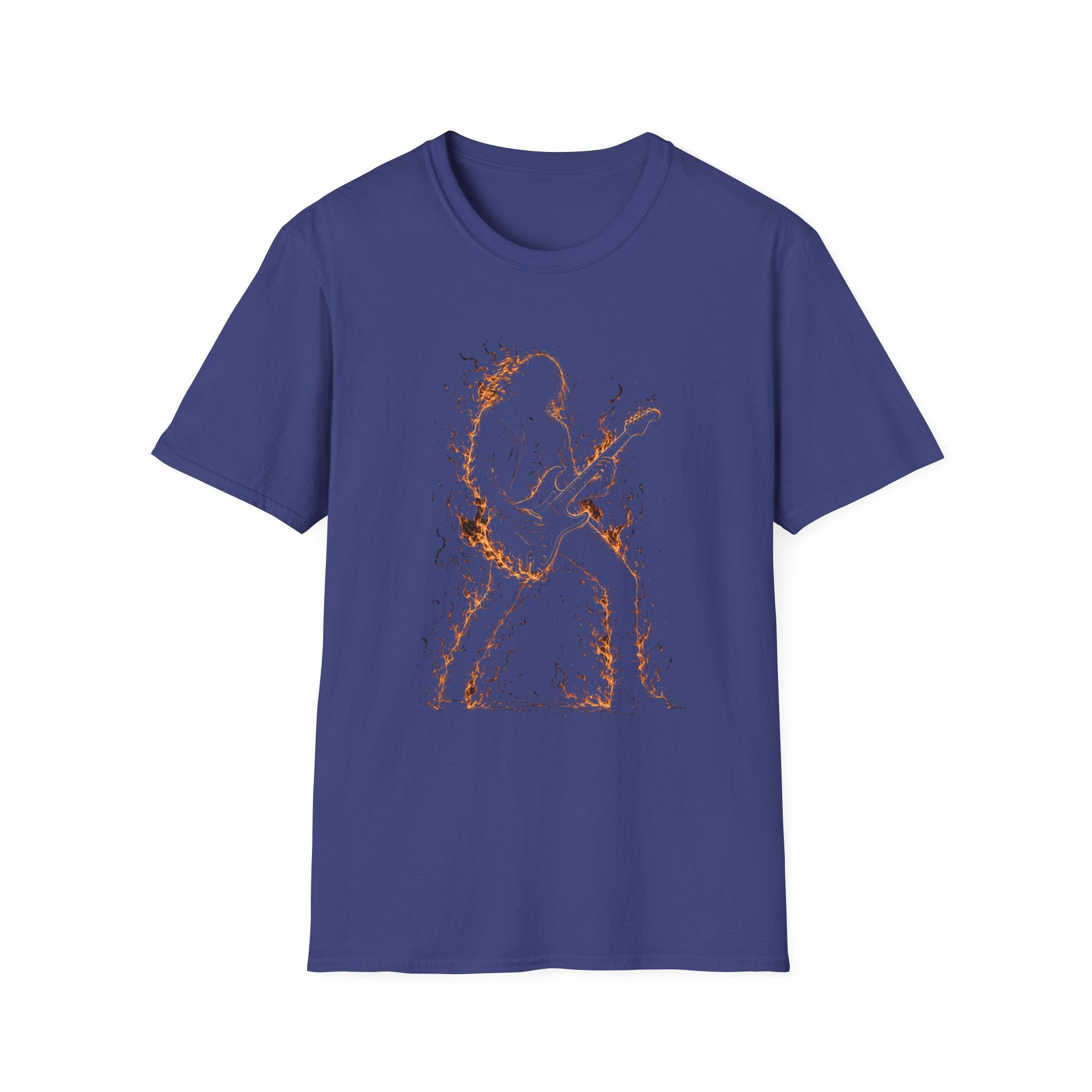 Abstract Guitarist T‑Shirt — Minimalist Flaming Guitar Music Tee - Born in the Fire of Rock | Flaming Guitarist Silhouette Art