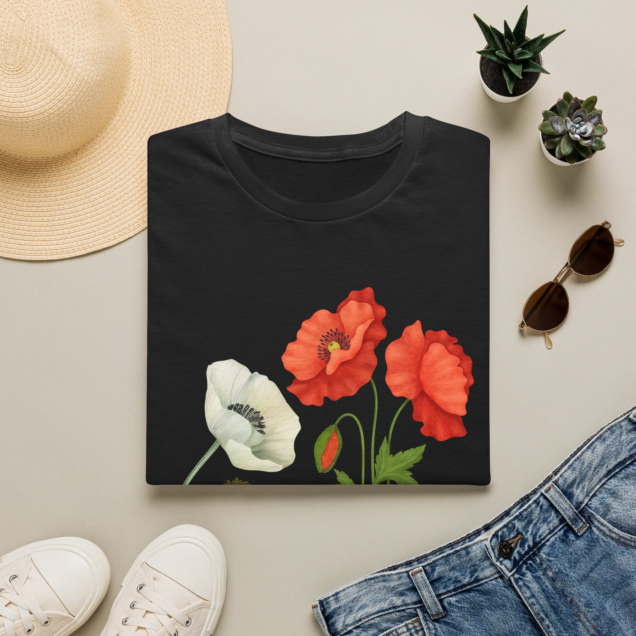 Poppy Floral T‑Shirt — Vintage Red & White Poppy Garden Tee - Vintage Wildflower Garden Art