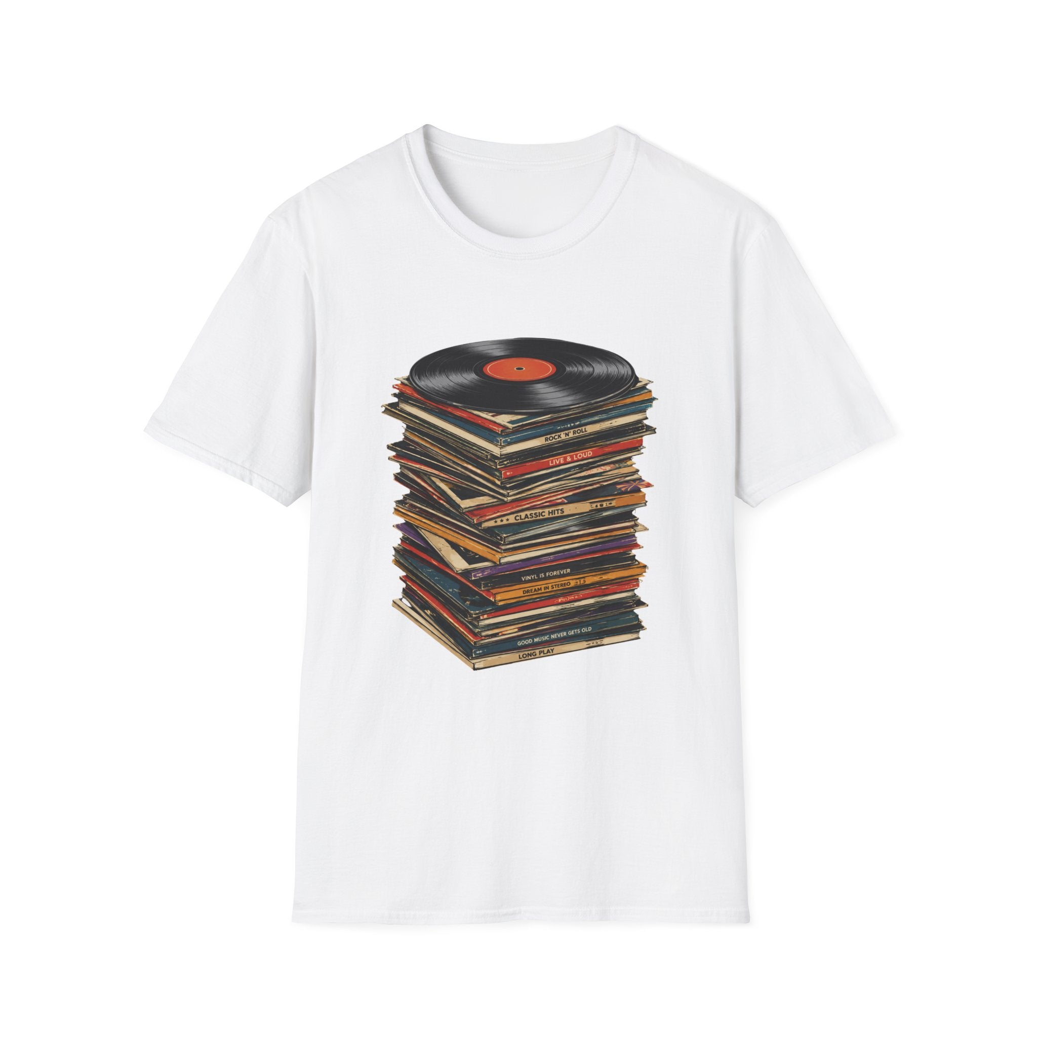 Vintage Vinyl Stack T-Shirt — Retro Record Player Graphic Tee - Retro Music Lover Turntable Aesthetic Design
