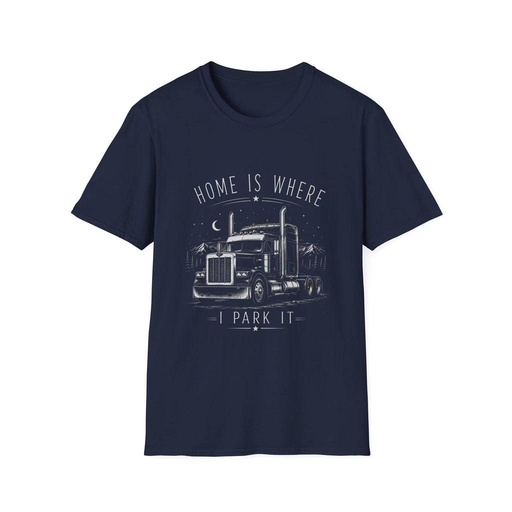 Trucker T‑Shirt — "Home Is Where I Park It" Vintage Semi Truck Tee - Trucker Life & Freedom Design