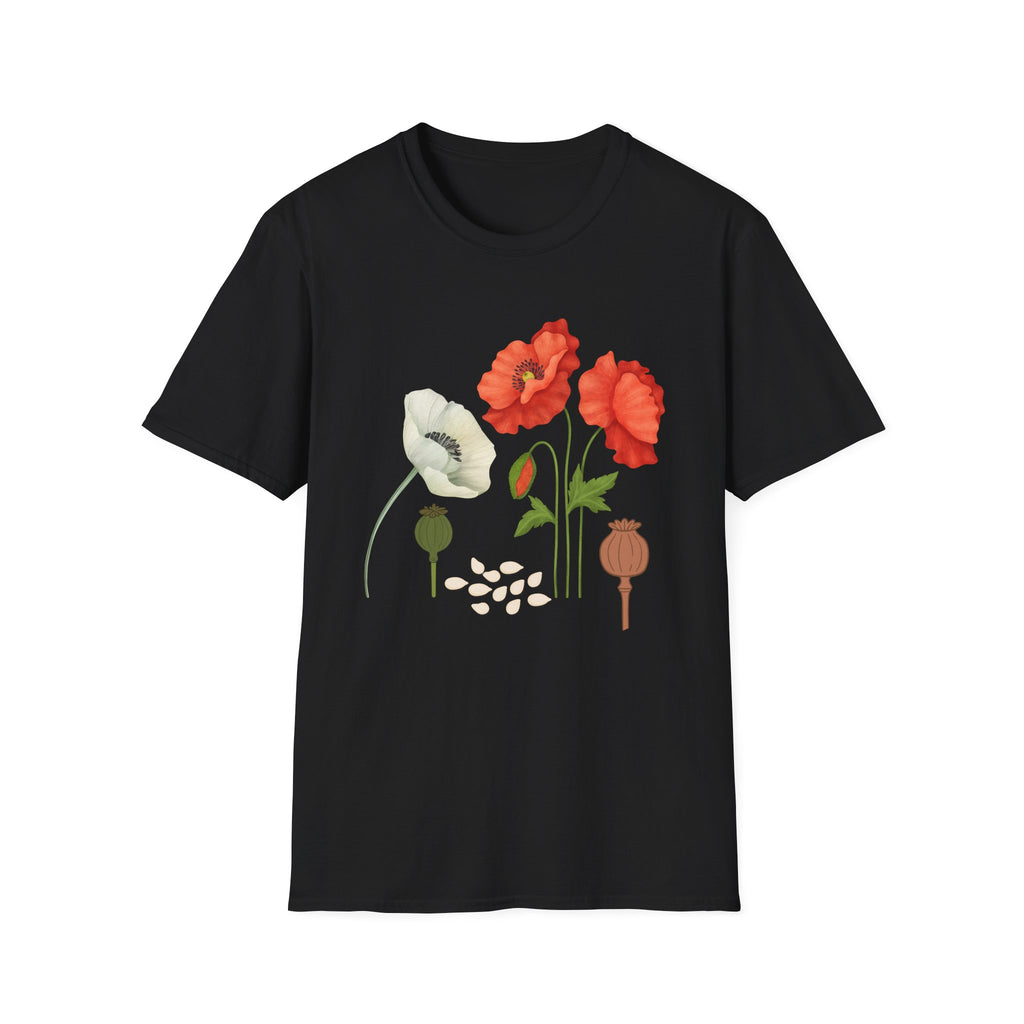 Poppy Floral T‑Shirt — Vintage Red & White Poppy Garden Tee - Vintage Wildflower Garden Art
