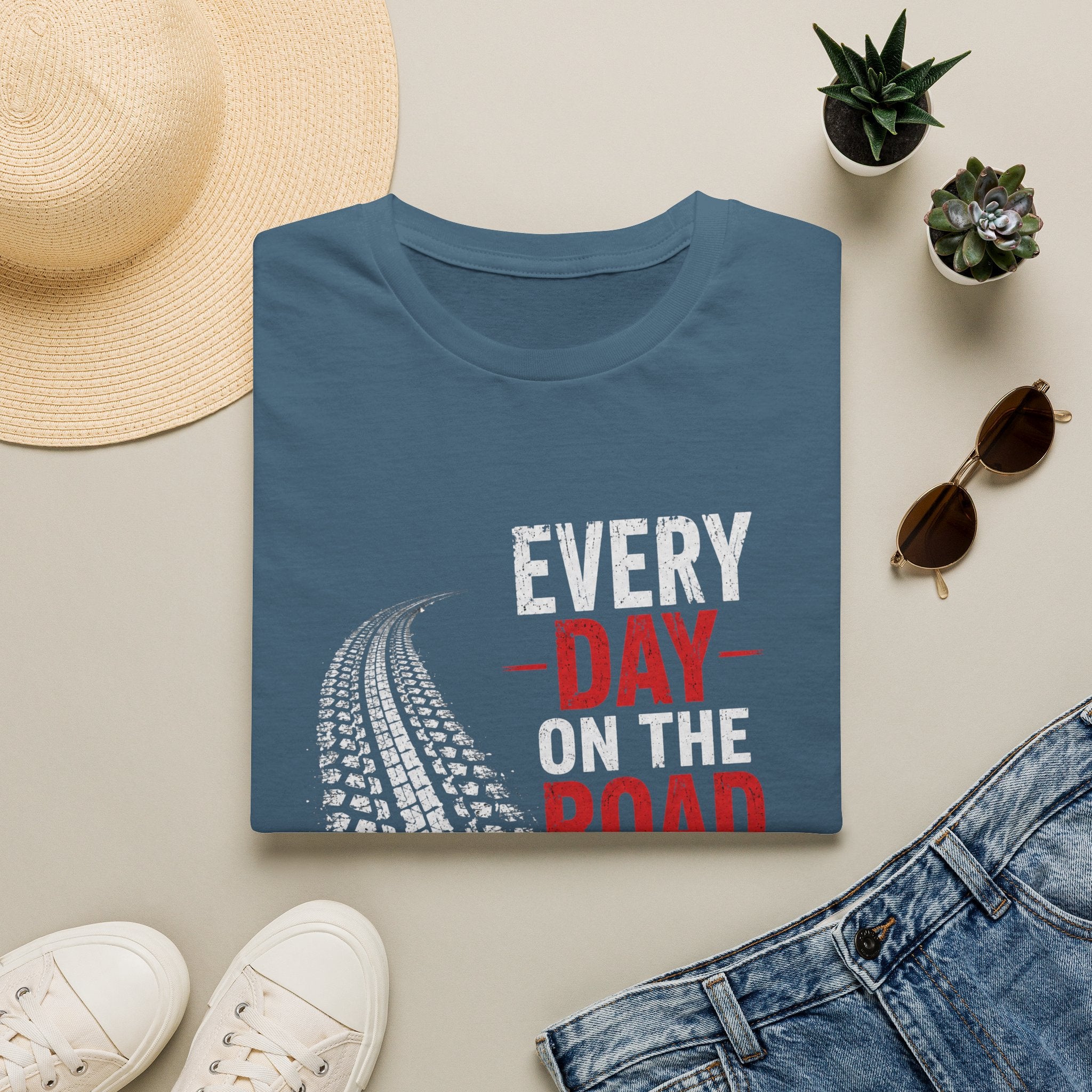 Every Day on the Road T-Shirt — Motorcycle/Driving Adventure Tee - – Truck Tire Track Road Life Design