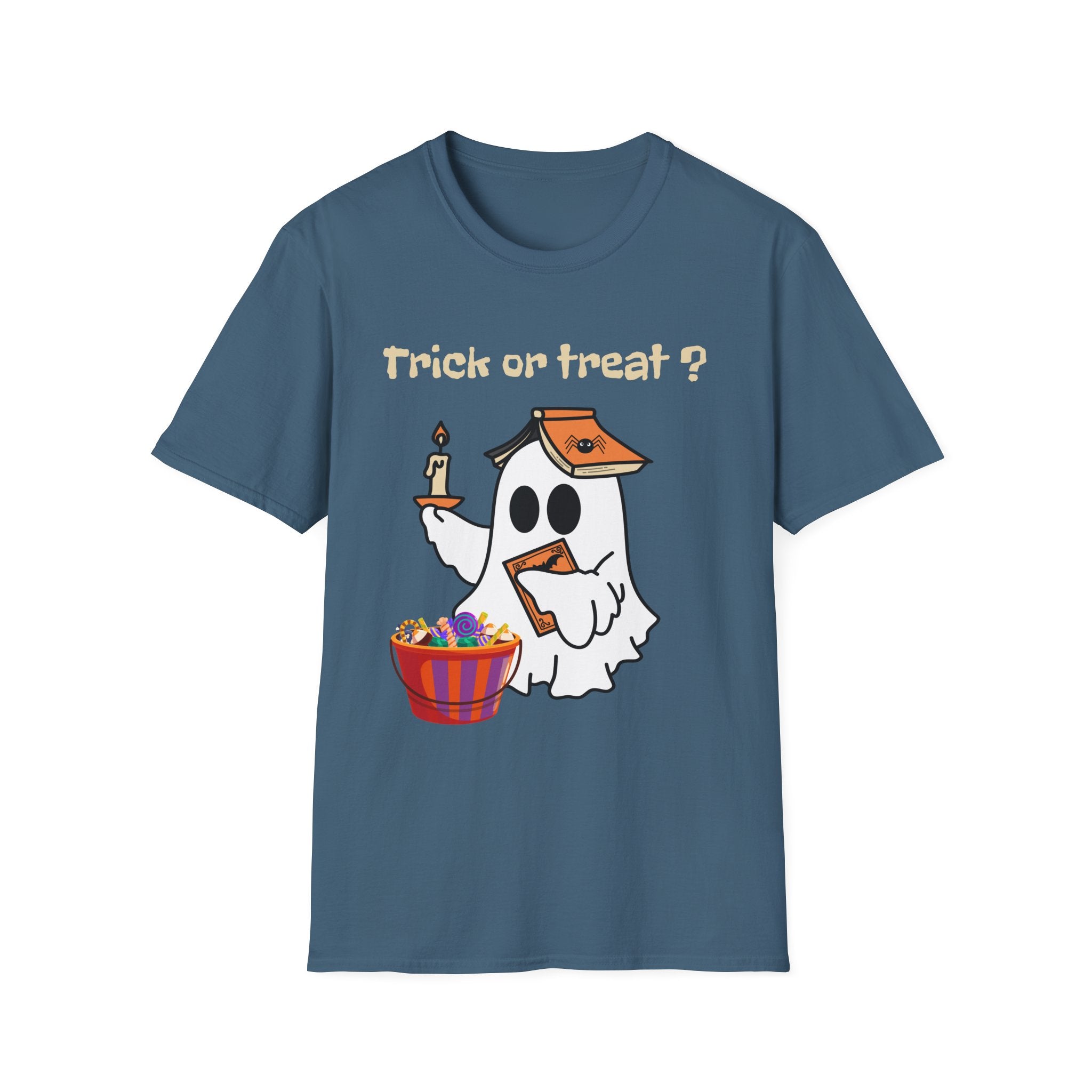 Halloween Ghost T-Shirt — "Trick or Treat?" Cute Spooky Candy Tee - Ghost Reading a Spooky Book Halloween Design