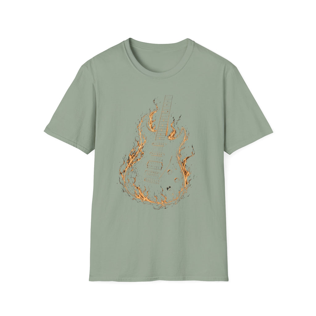Flaming Electric Guitar T-Shirt — Rock Music Tee - Flames of Rock | Burning Electric Guitar Music Artwork