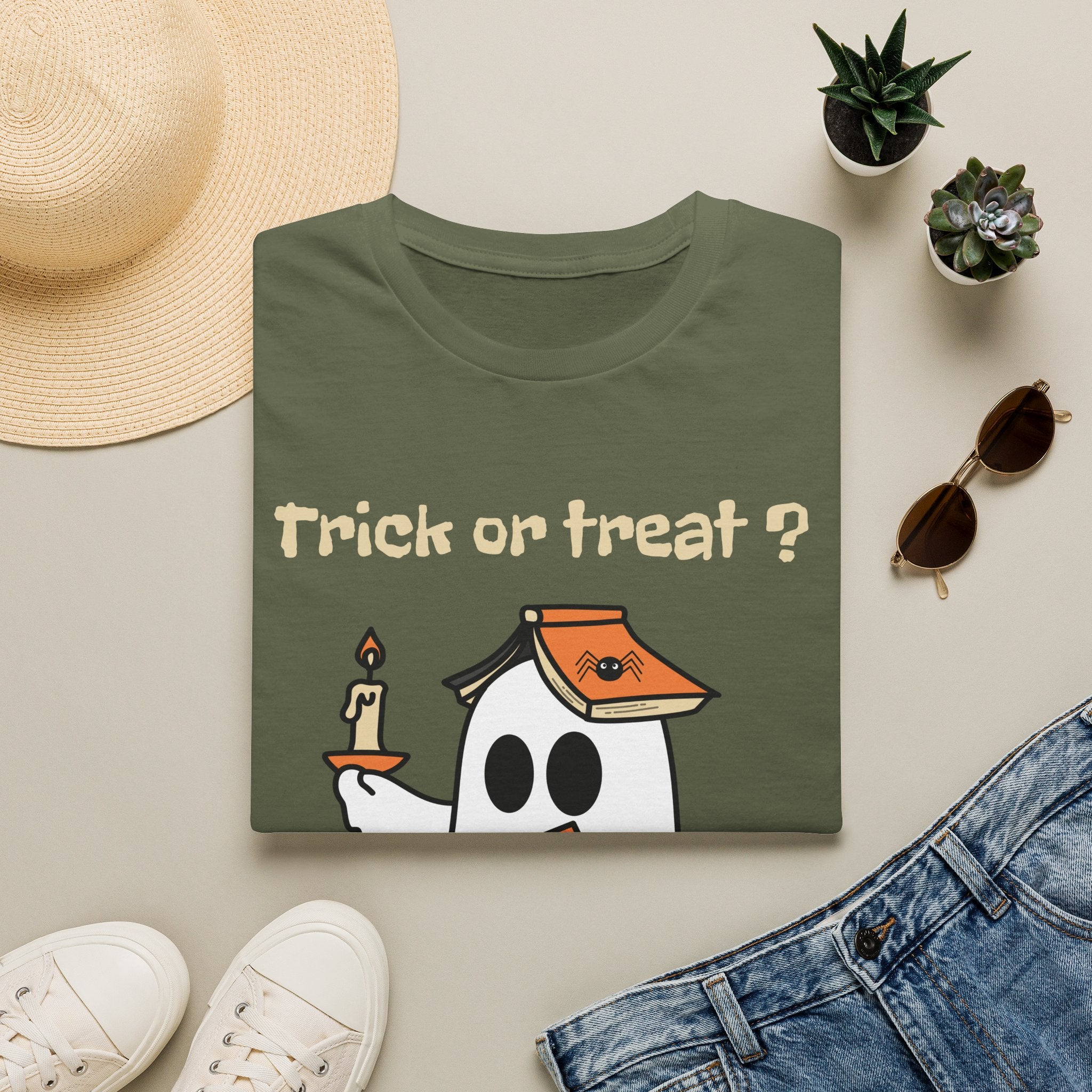 Halloween Ghost T-Shirt — "Trick or Treat?" Cute Spooky Candy Tee - Ghost Reading a Spooky Book Halloween Design