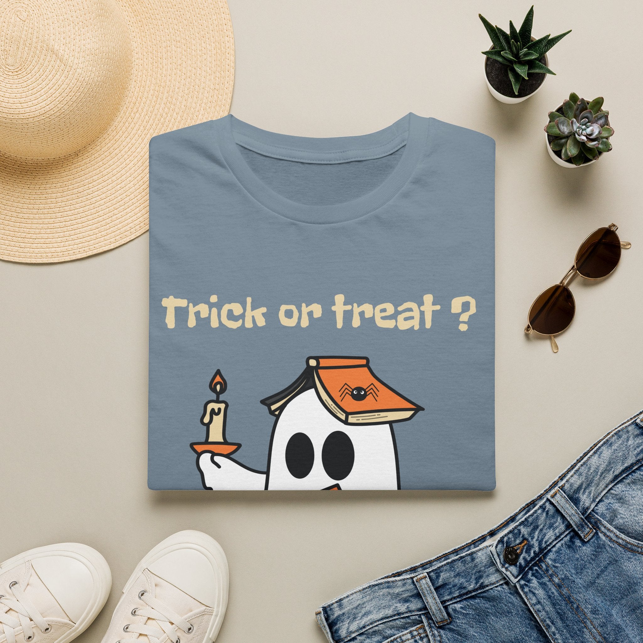 Halloween Ghost T-Shirt — "Trick or Treat?" Cute Spooky Candy Tee - Ghost Reading a Spooky Book Halloween Design