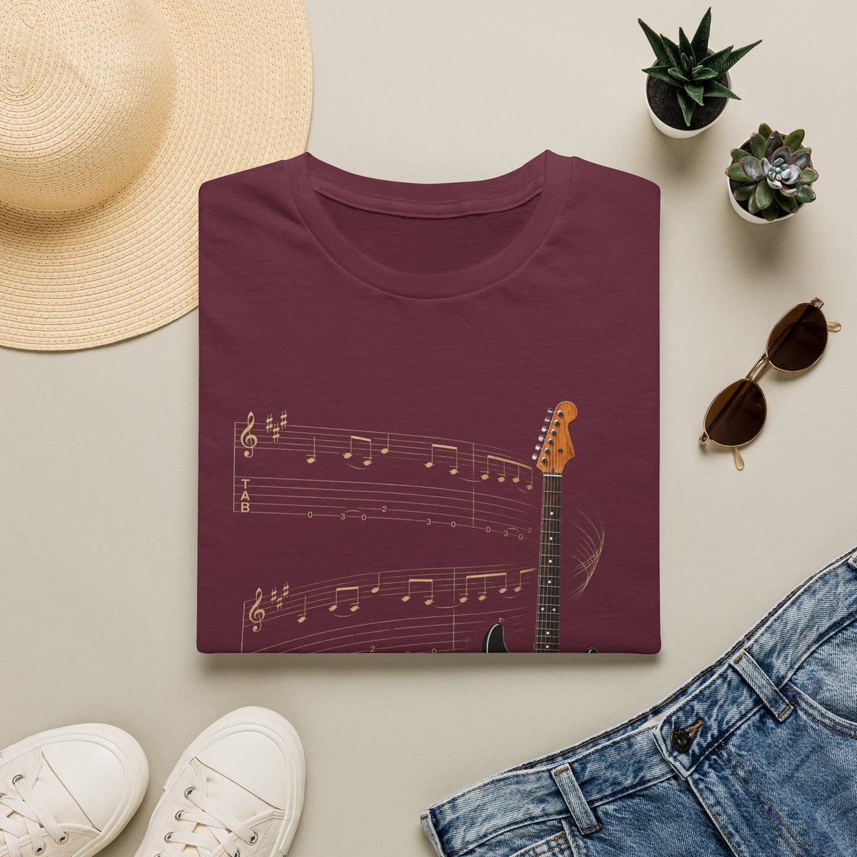 Electric Guitar T‑Shirt — Vintage Sunburst Guitar with Musical Notes - Where Music Takes Flight | Electric Guitar & Tablature Art Design