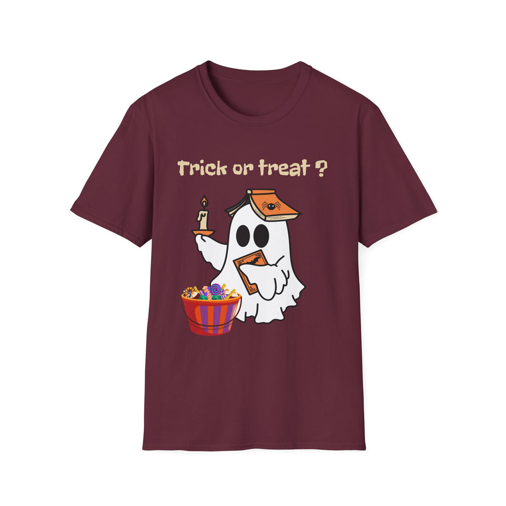 Halloween Ghost T-Shirt — "Trick or Treat?" Cute Spooky Candy Tee - Ghost Reading a Spooky Book Halloween Design