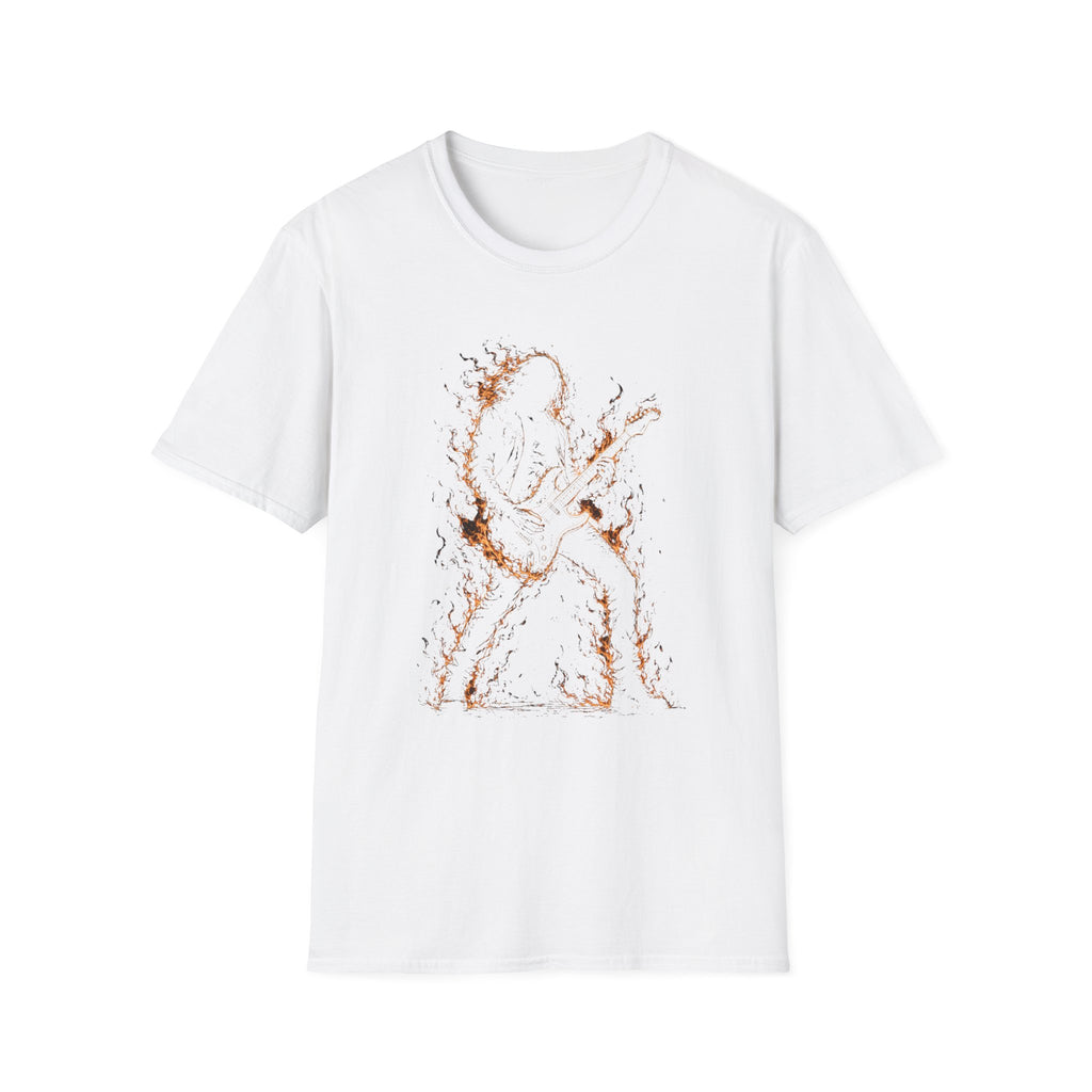 Abstract Guitarist T‑Shirt — Minimalist Flaming Guitar Music Tee - Born in the Fire of Rock | Flaming Guitarist Silhouette Art