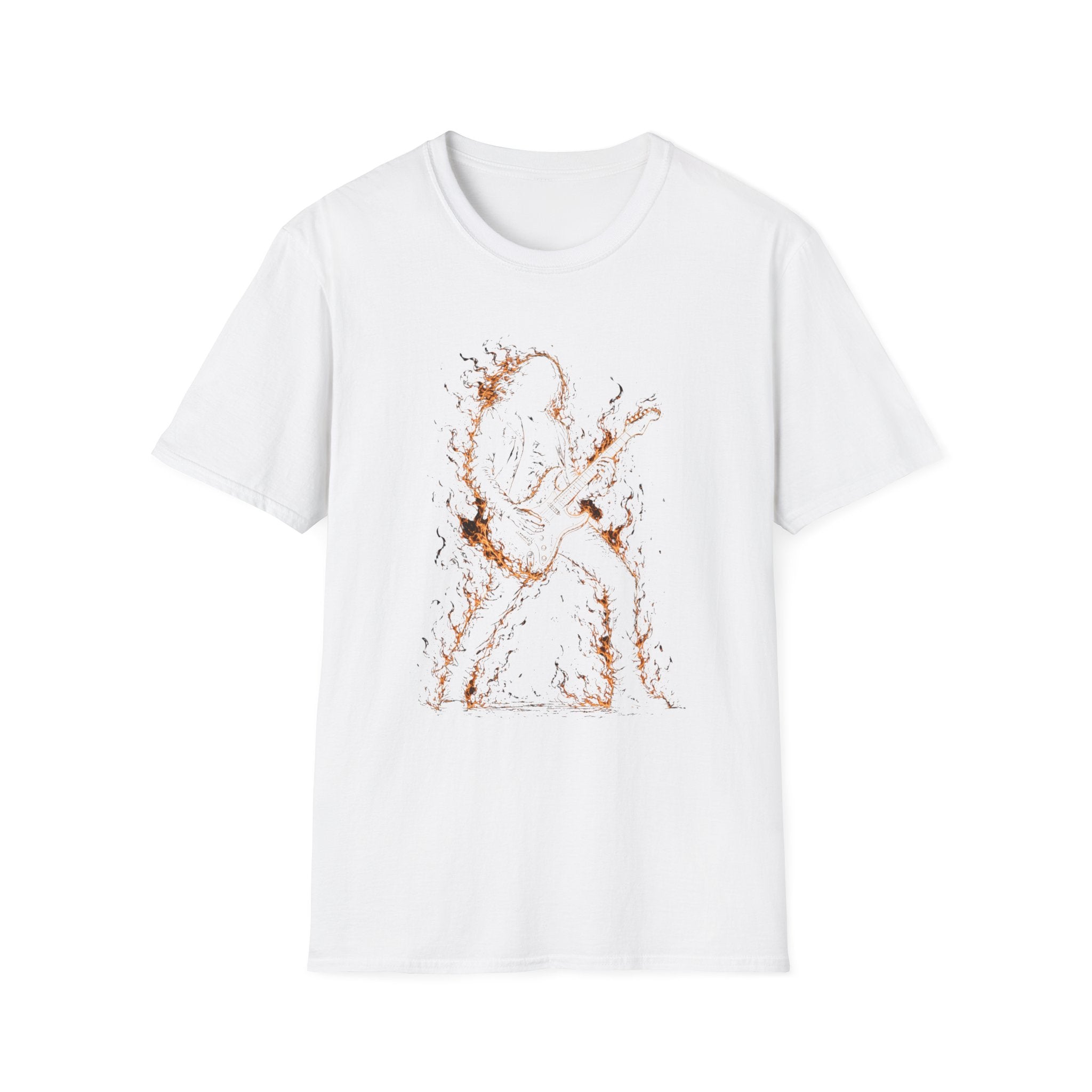 Abstract Guitarist T‑Shirt — Minimalist Flaming Guitar Music Tee - Born in the Fire of Rock | Flaming Guitarist Silhouette Art