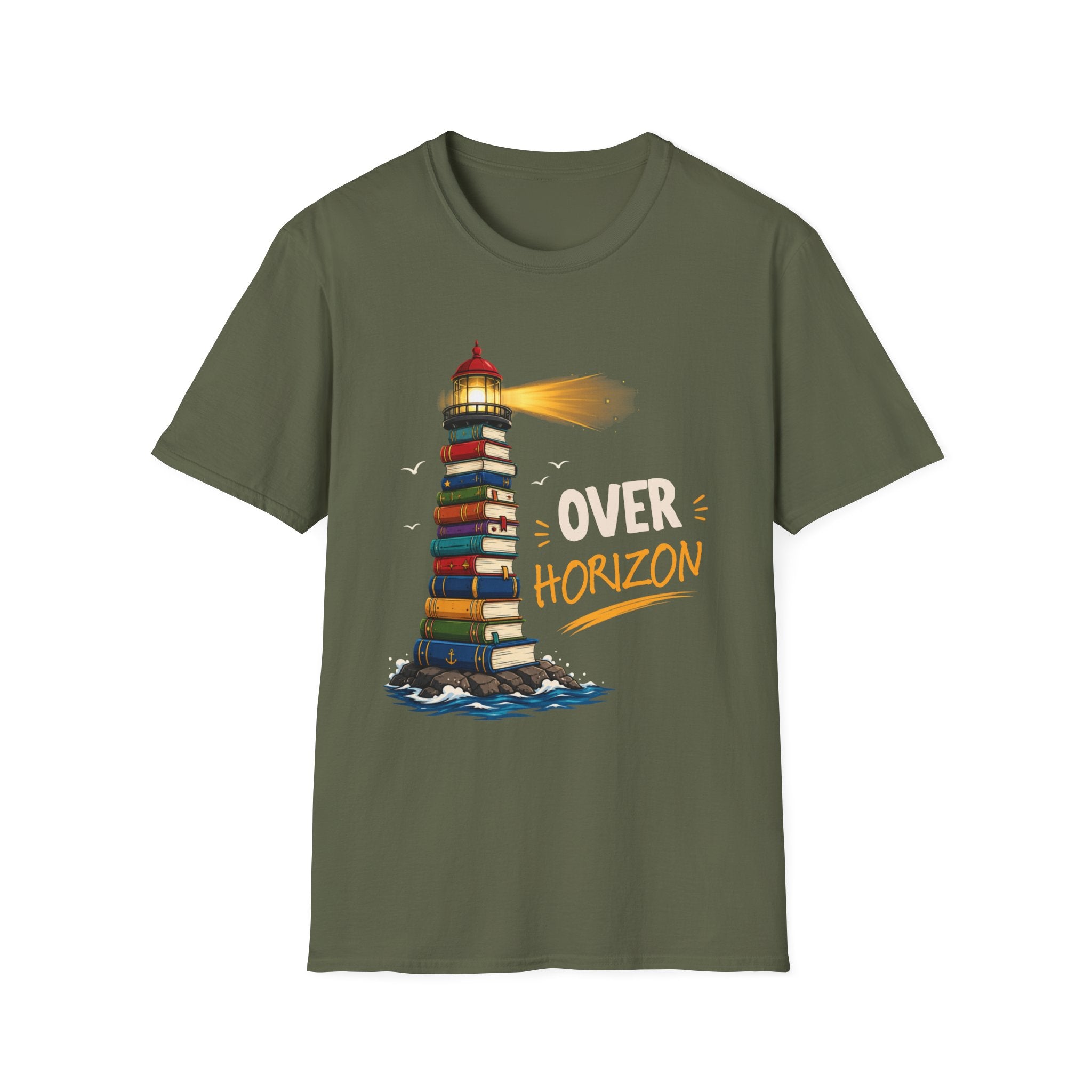 'Over the Horizon' Lighthouse Stack of Books Graphic Tee – Reading Lights the Way