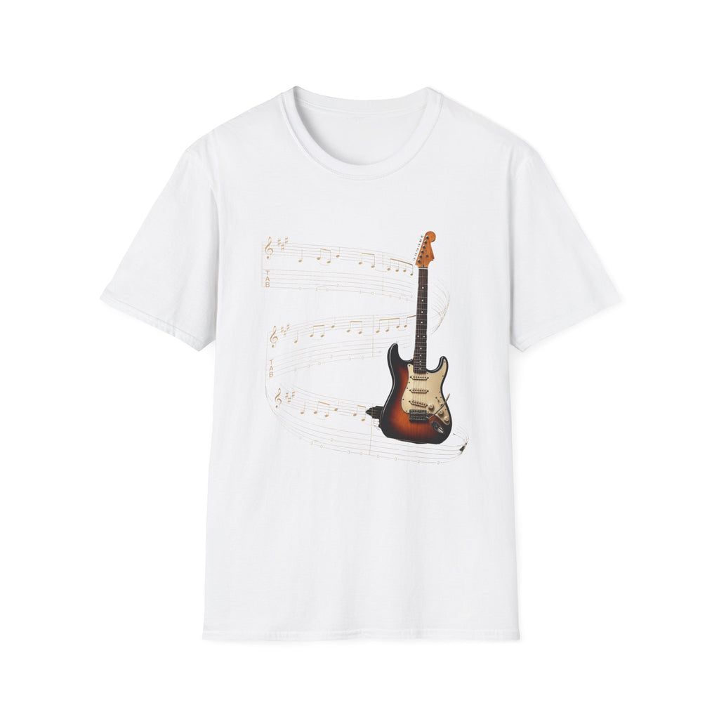 Electric Guitar T‑Shirt — Vintage Sunburst Guitar with Musical Notes - Where Music Takes Flight | Electric Guitar & Tablature Art Design
