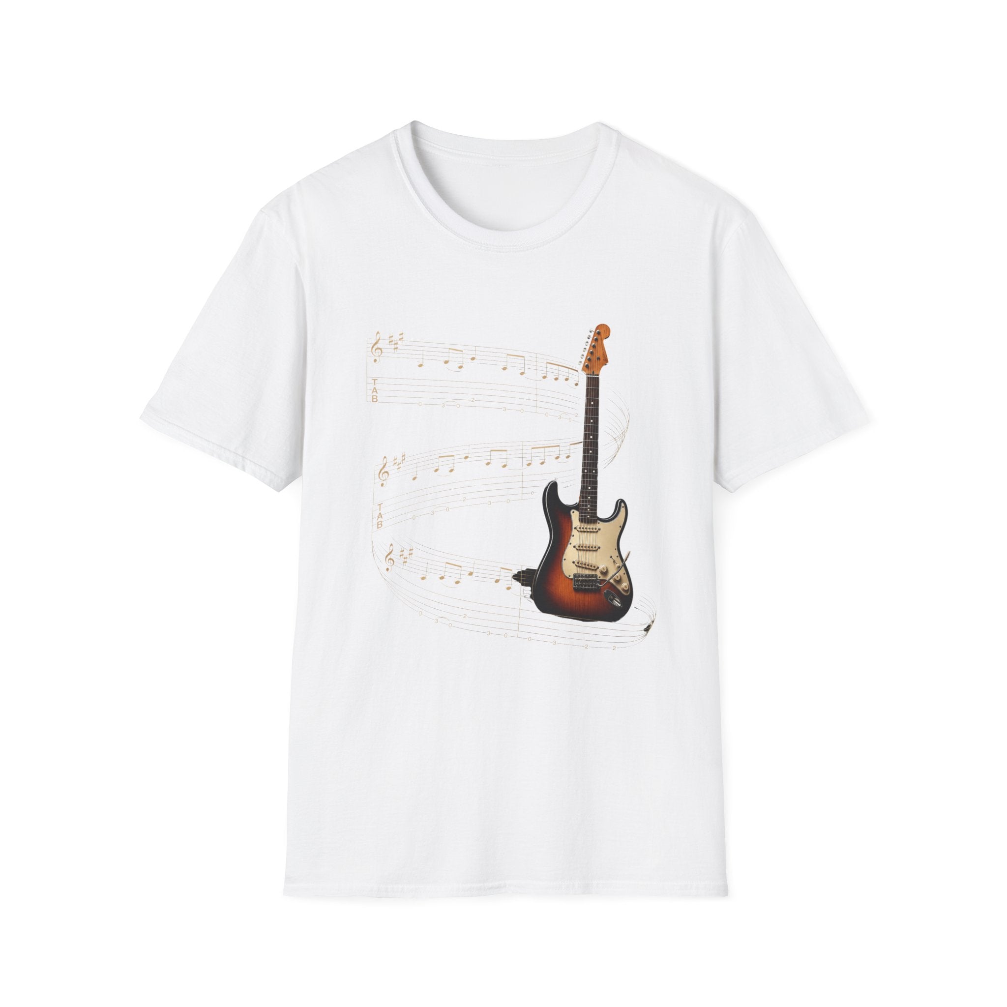 Electric Guitar T‑Shirt — Vintage Sunburst Guitar with Musical Notes - Where Music Takes Flight | Electric Guitar & Tablature Art Design