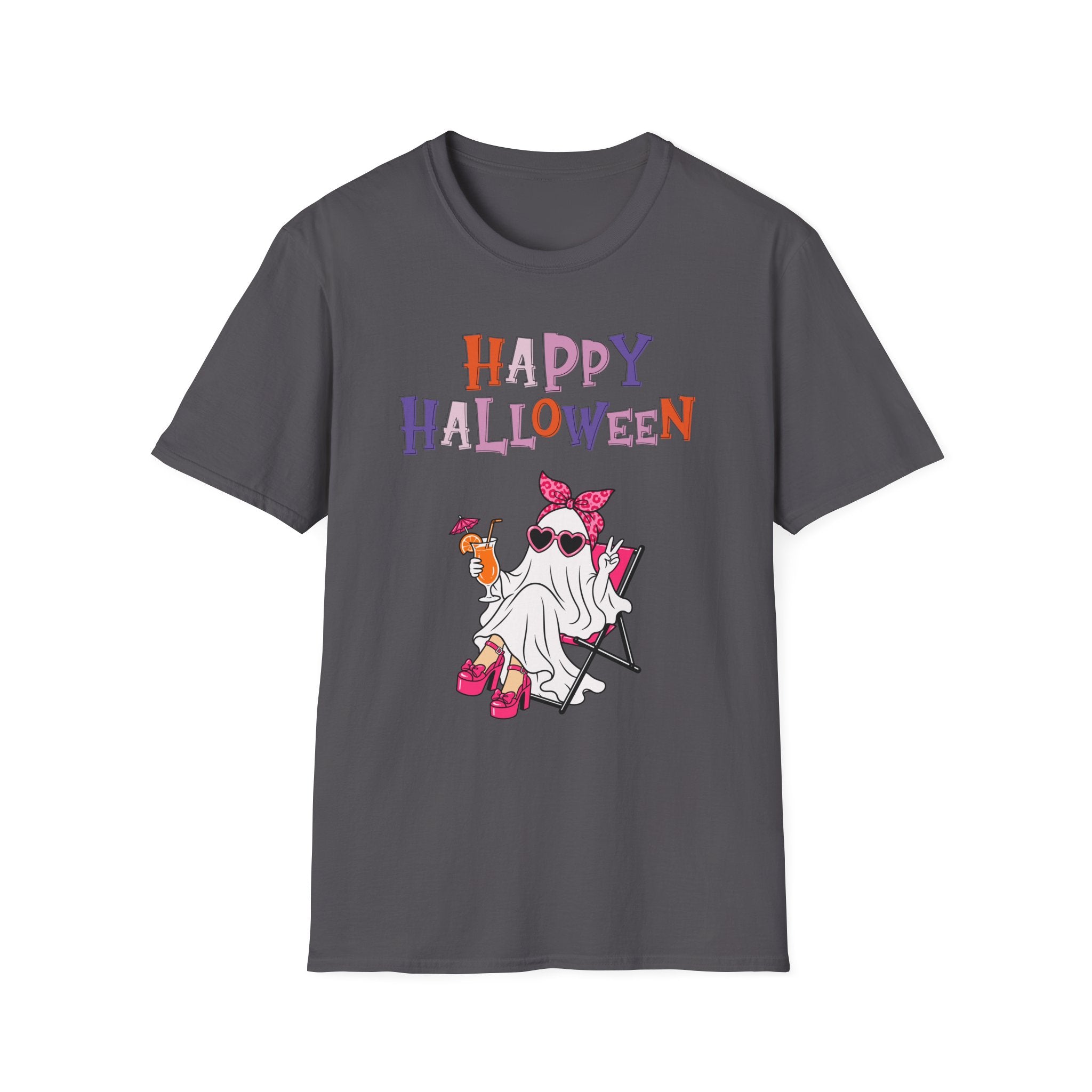 Happy Halloween Ghost Tee — Cute Feminine Halloween T-Shirt with Sunglasses & Pink Bow - Funny Spooky Halloween Shirt for Women