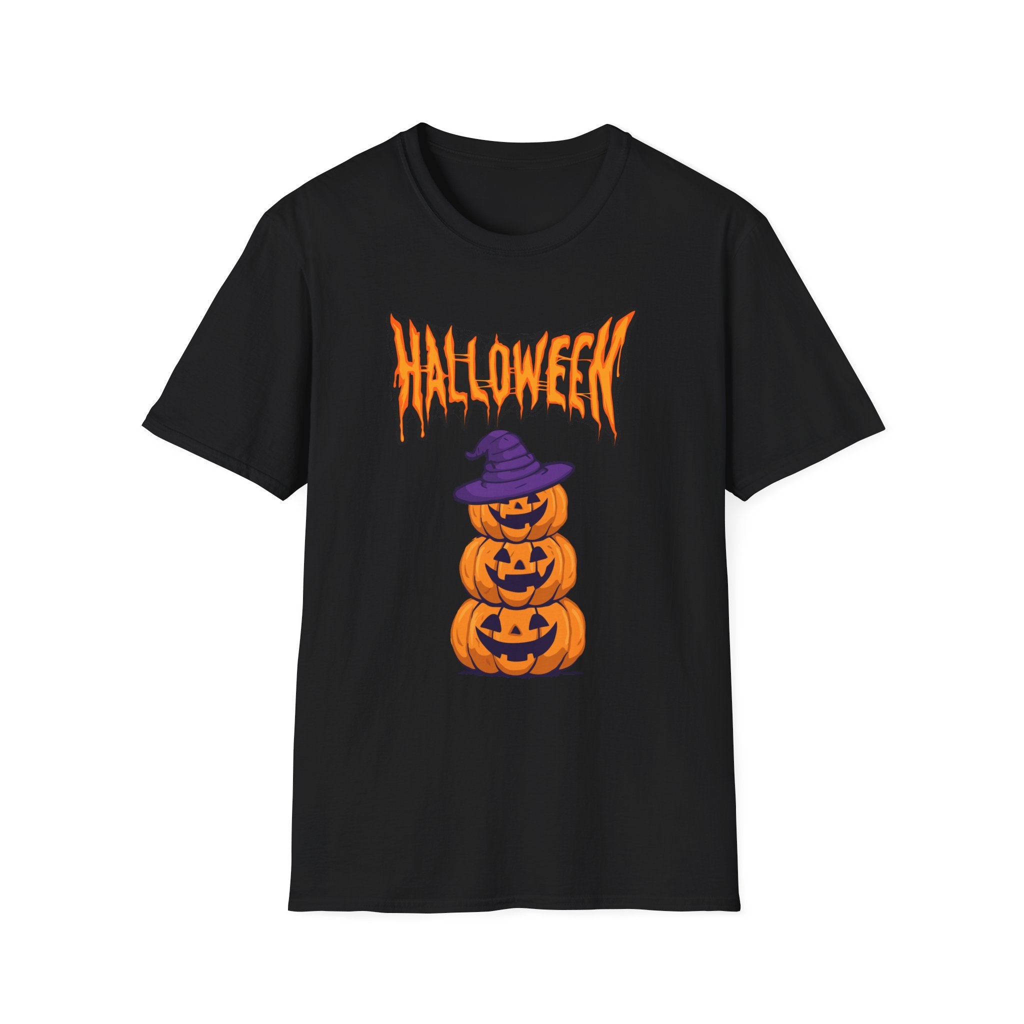 Halloween Stacked Jack-O'-Lantern T-Shirt — Cute Spooky Tee with Purple Witch Hat -  Cute Pumpkin Witch Hat Halloween Tee