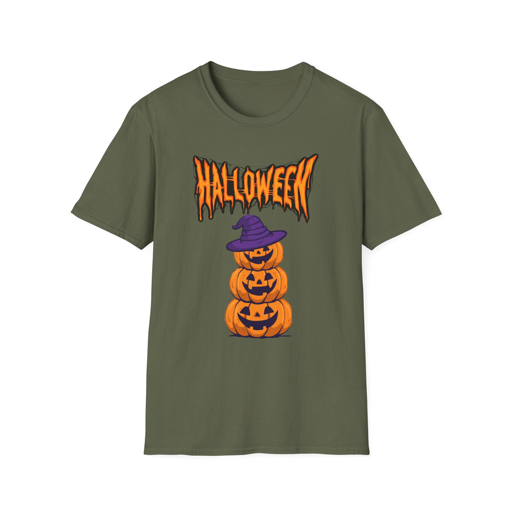 Halloween Stacked Jack-O'-Lantern T-Shirt — Cute Spooky Tee with Purple Witch Hat -  Cute Pumpkin Witch Hat Halloween Tee